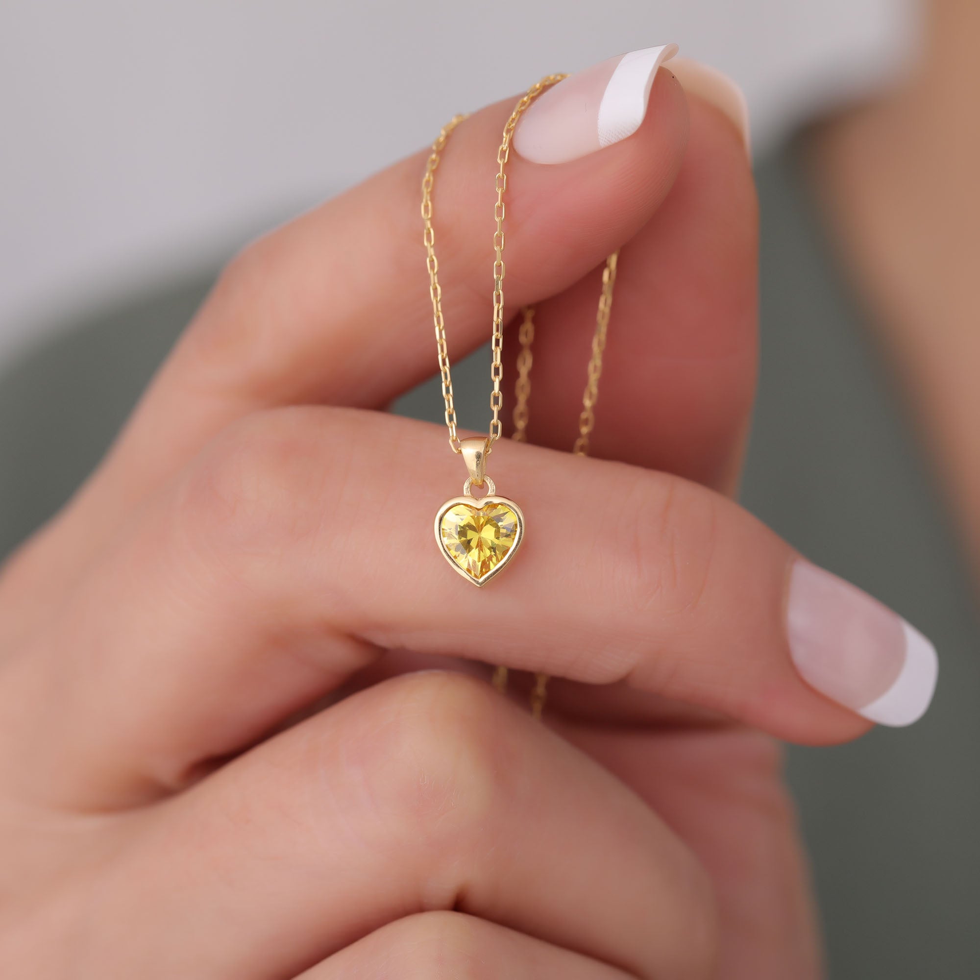 Heart Yellow Topaz Bezel Necklace in 14K Solid Gold, Birthstone Charm Pendant Queen Jewelry Necklace