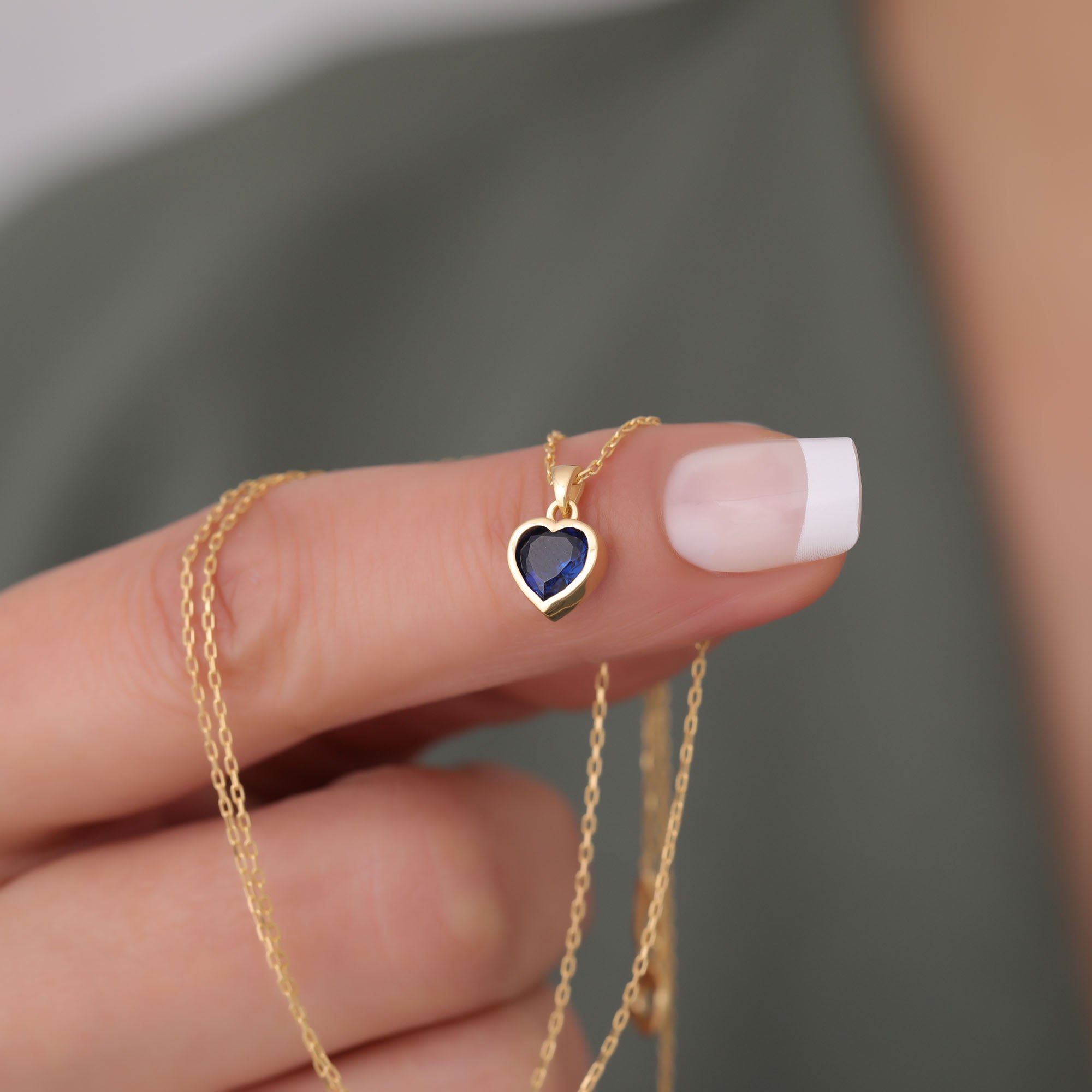 Heart Sapphire Bezel Necklace in 14K Solid Gold, September Birthstone Charm Pendant Queen Jewelry Necklace