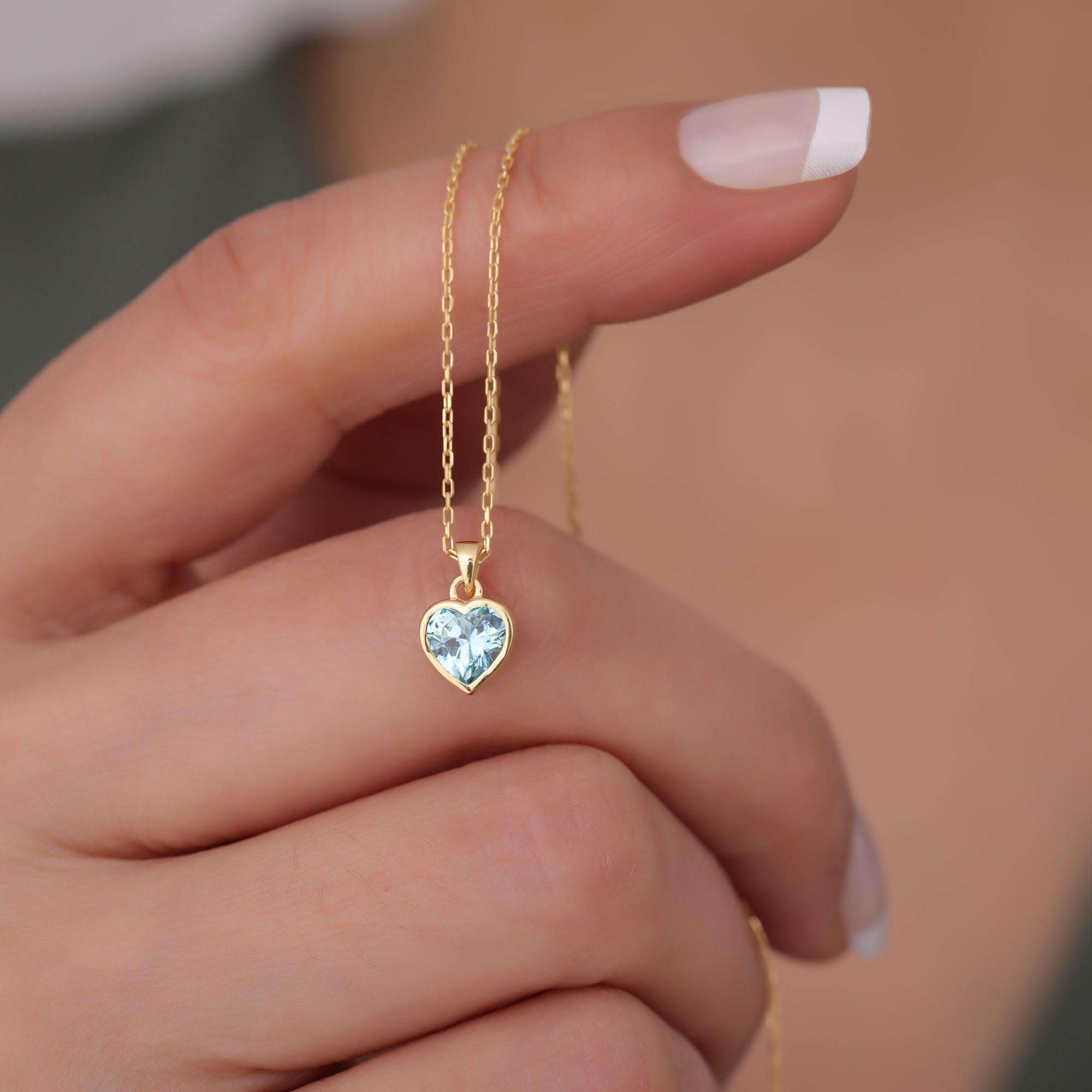 Heart Aquamarine Bezel Necklace in 14K Solid Gold, March Birthstone Charm Pendant Queen Jewelry Necklace