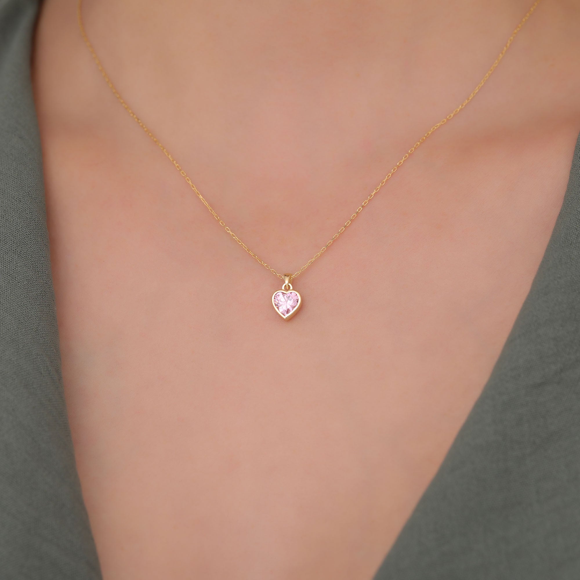 Heart Pink Tourmaline Bezel Necklace in 14K Solid Gold, October Birthstone Charm Pendant Queen Jewelry Necklace