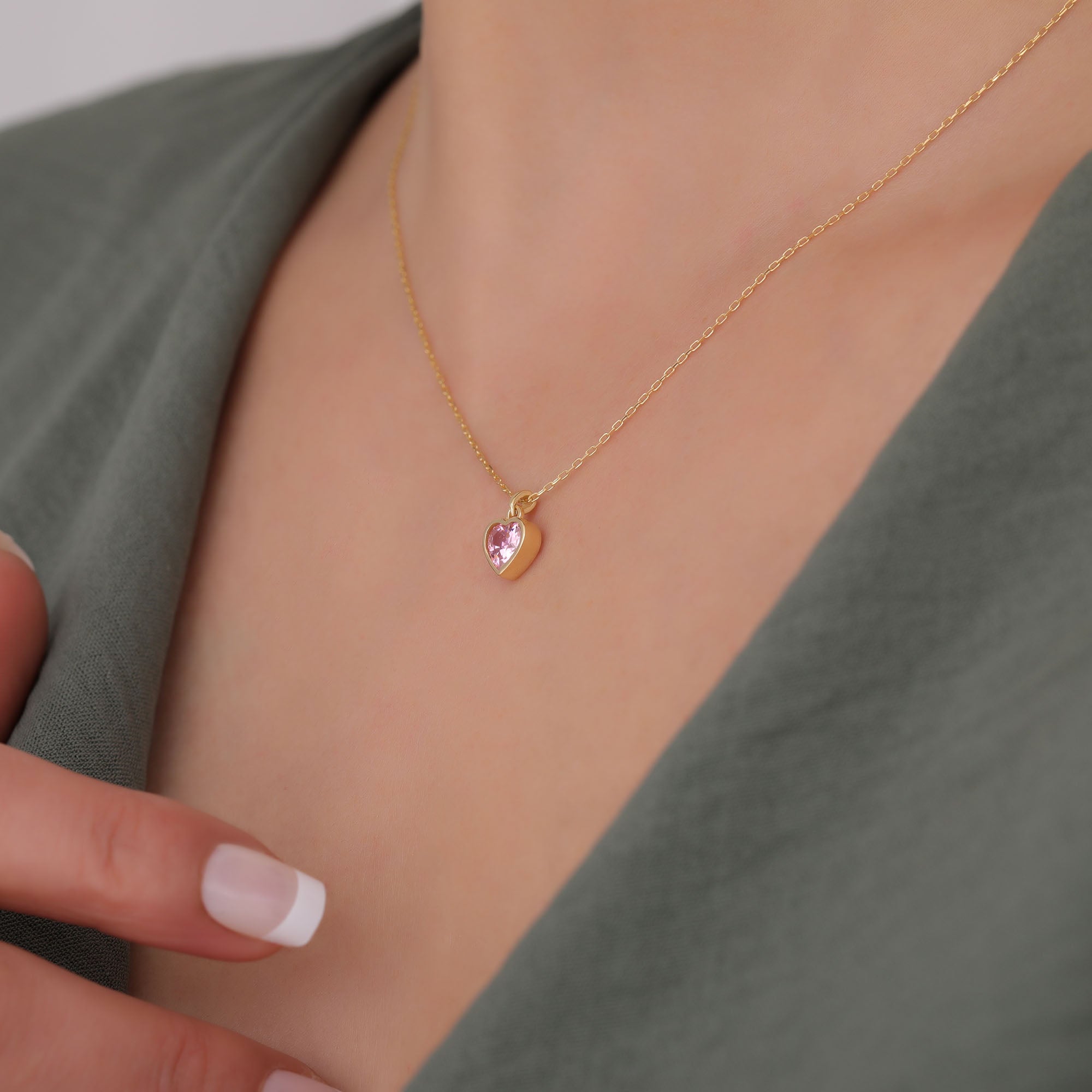 Heart Pink Tourmaline Bezel Necklace in 14K Solid Gold, October Birthstone Charm Pendant Queen Jewelry Necklace