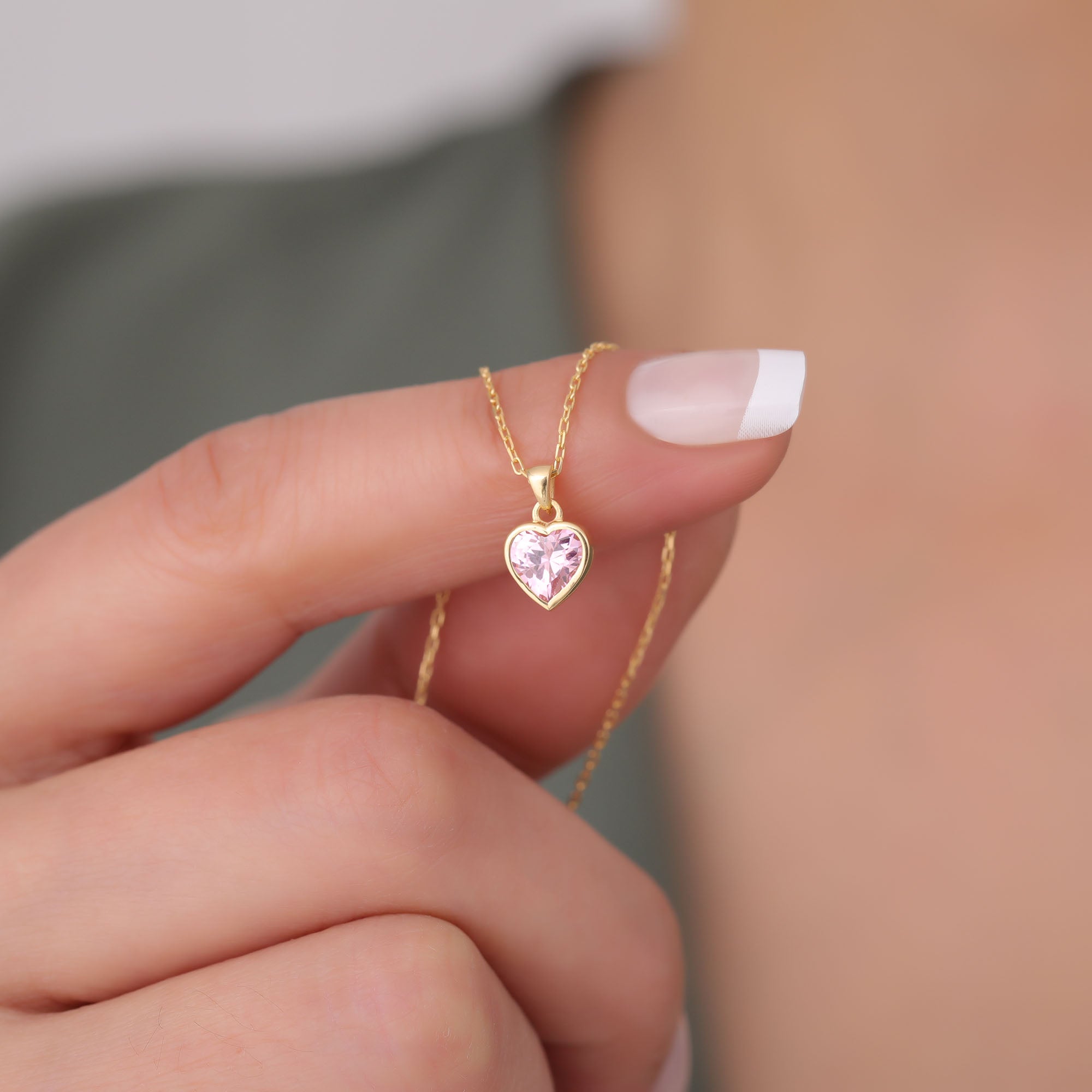 Heart Pink Tourmaline Bezel Necklace in 14K Solid Gold, October Birthstone Charm Pendant Queen Jewelry Necklace