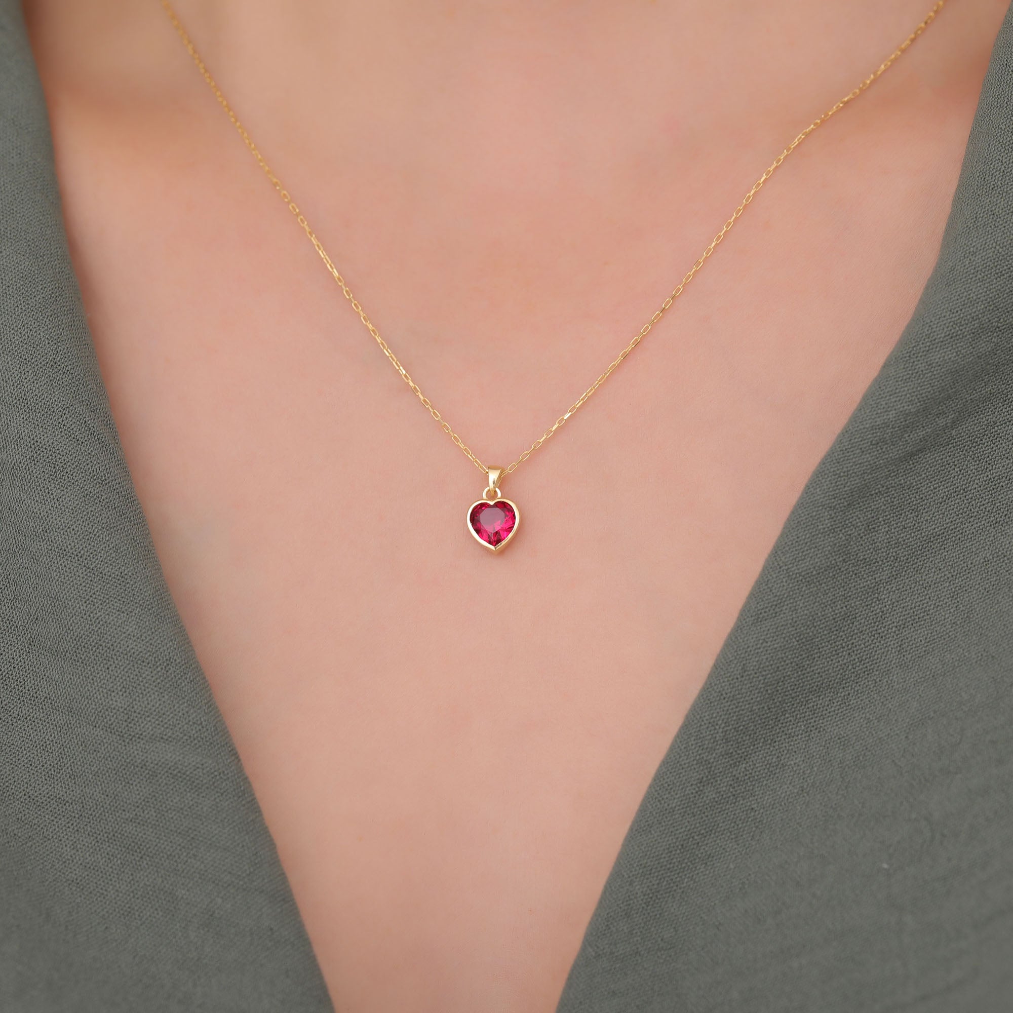 Heart Ruby Bezel Necklace in 14K Solid Gold, July Birthstone Charm Pendant Queen Jewelry Necklace