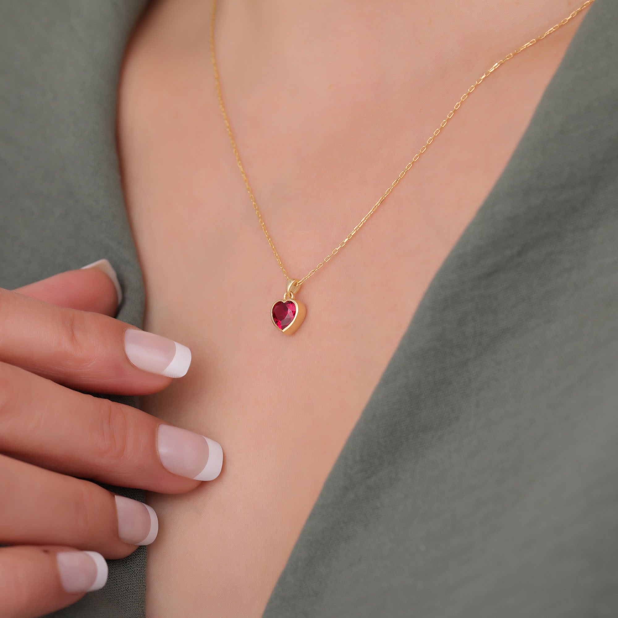 Heart Ruby Bezel Necklace in 14K Solid Gold, July Birthstone Charm Pendant Queen Jewelry Necklace