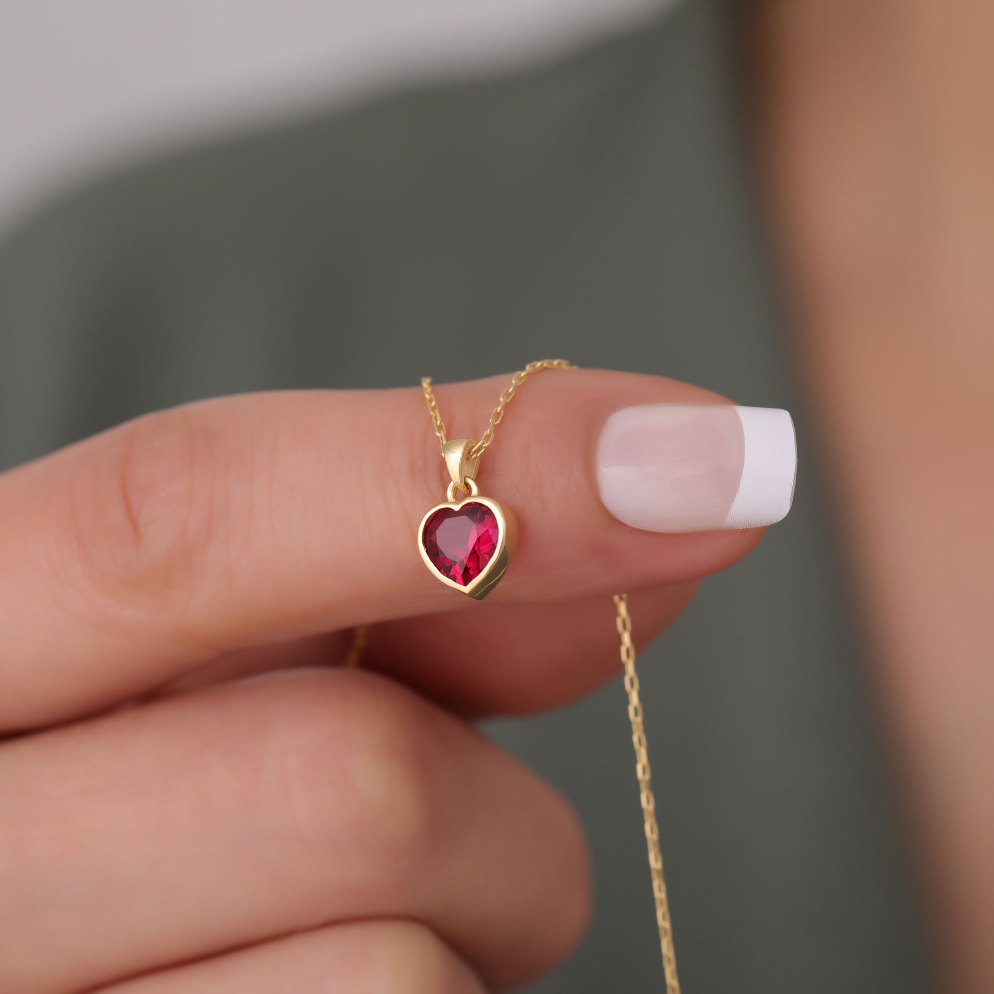 Heart Ruby Bezel Necklace in 14K Solid Gold, July Birthstone Charm Pendant Queen Jewelry Necklace