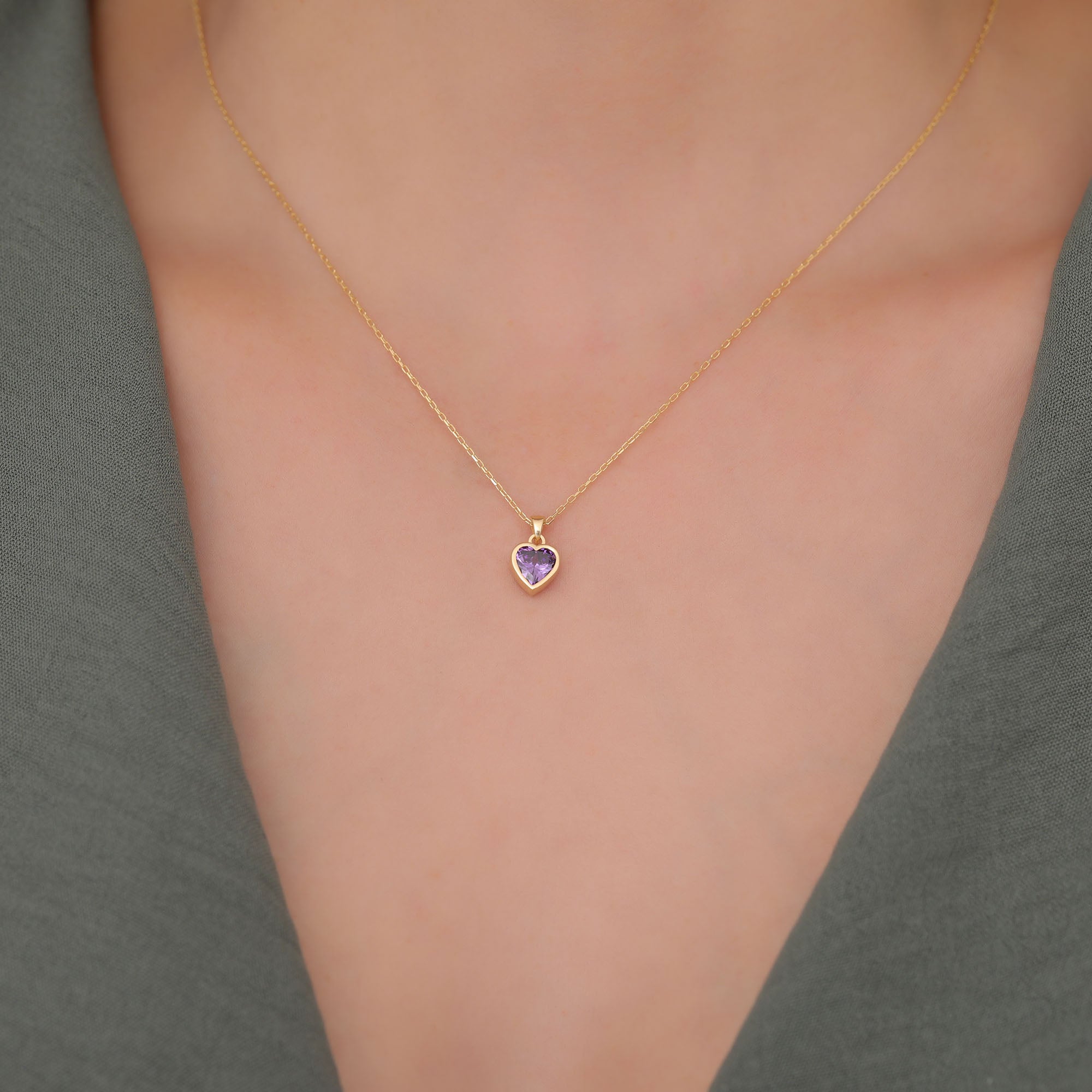 Heart Amethyst Bezel Necklace in 14K Solid Gold, February Birthstone Charm Pendant Queen Jewelry Necklace