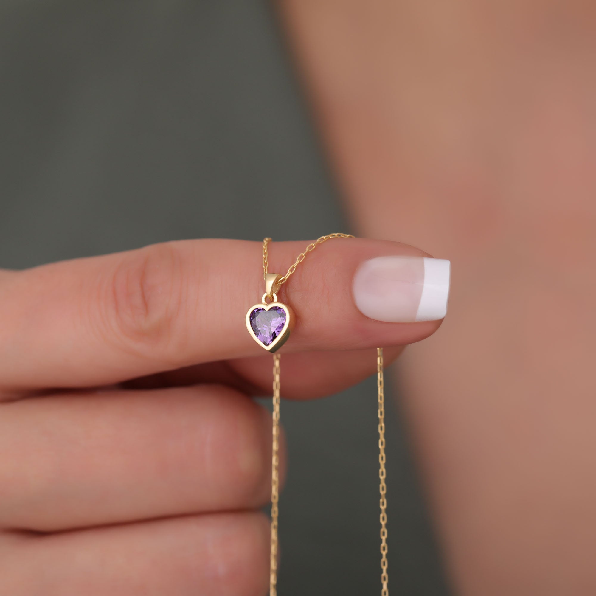 Heart Amethyst Bezel Necklace in 14K Solid Gold, February Birthstone Charm Pendant Queen Jewelry Necklace