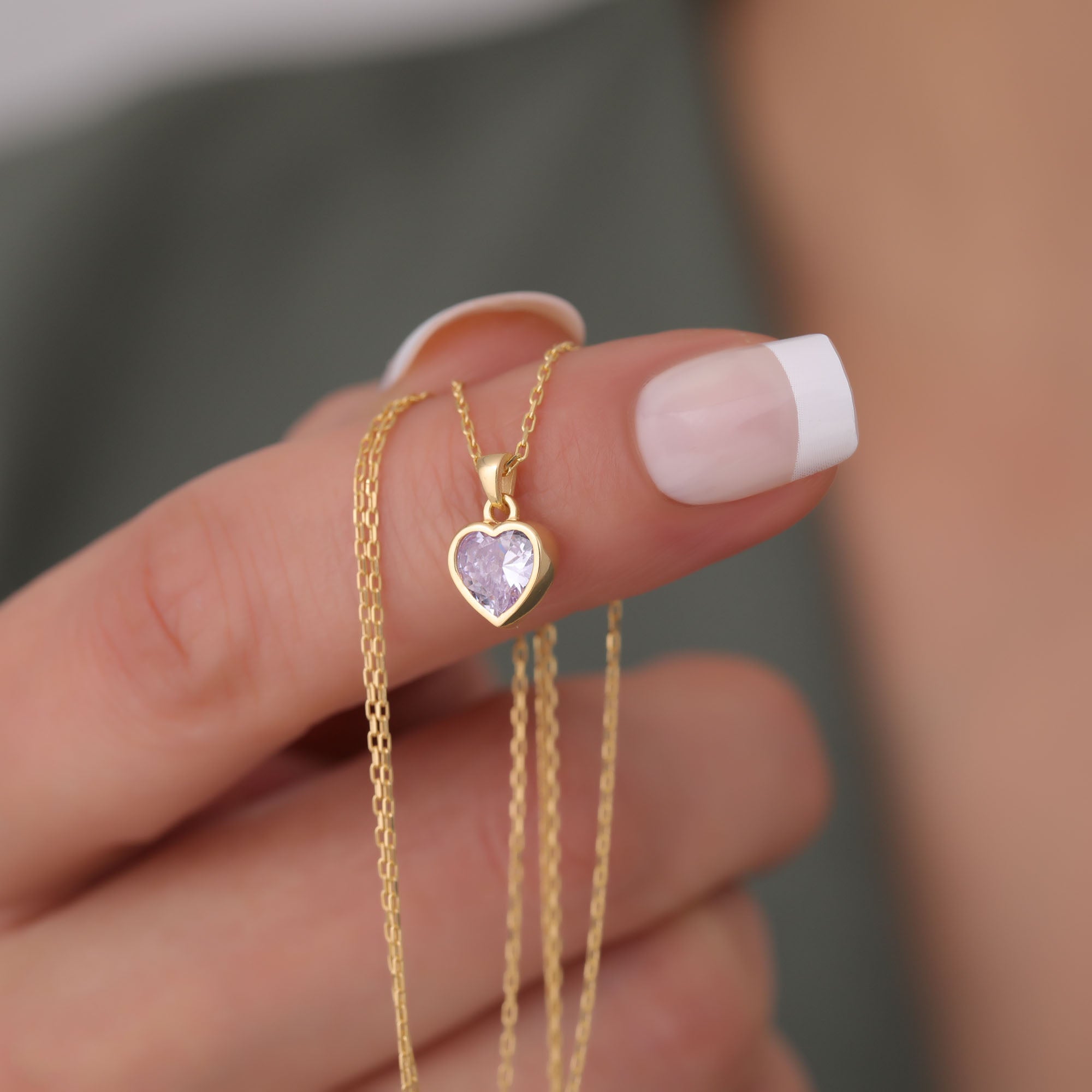 Heart Alexandrite Bezel Necklace in 14K Solid Gold, June Birthstone Charm Pendant Queen Jewelry Necklace