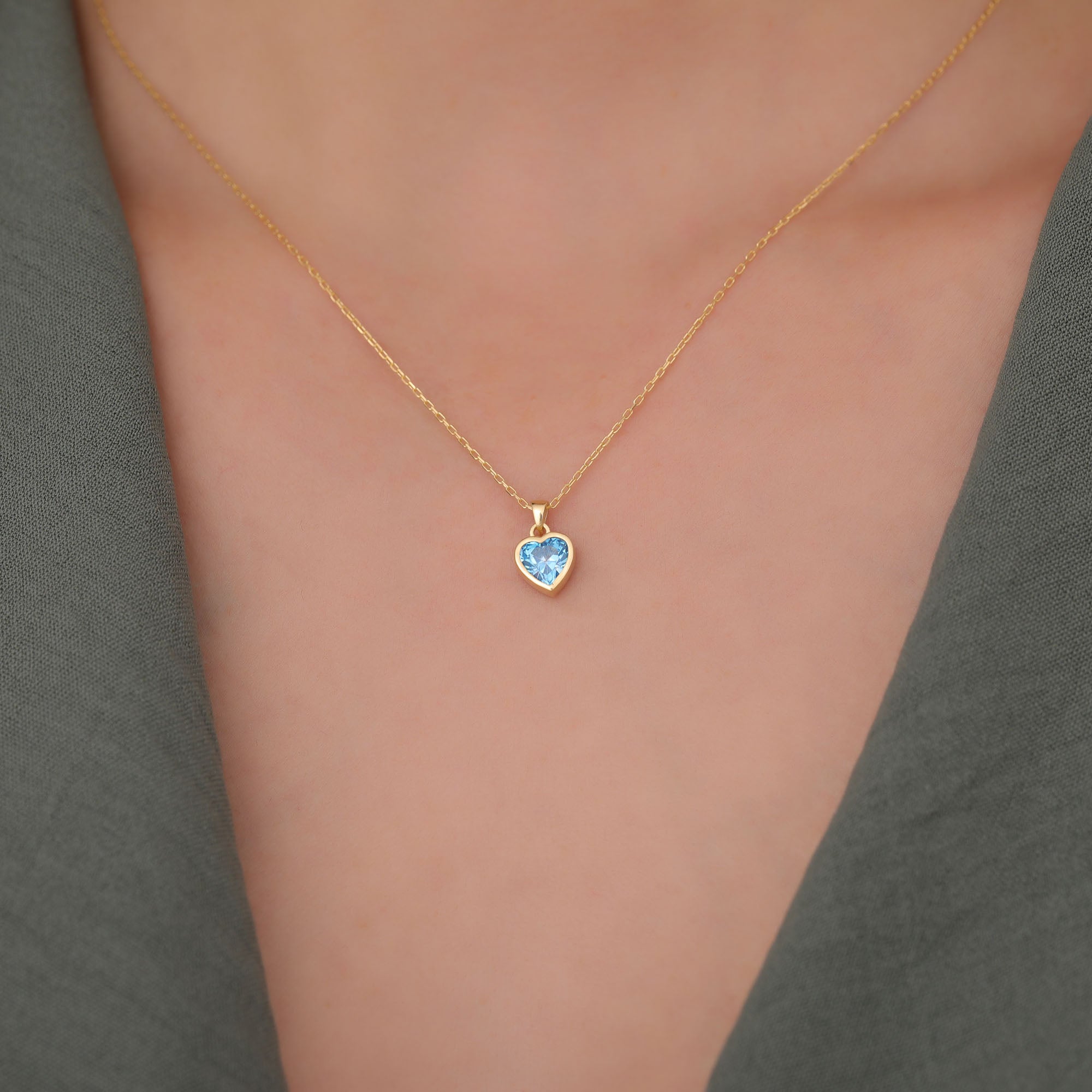 Heart Blue Topaz Bezel Necklace in 14K Solid Gold, December Birthstone Charm Pendant Queen Jewelry Necklace