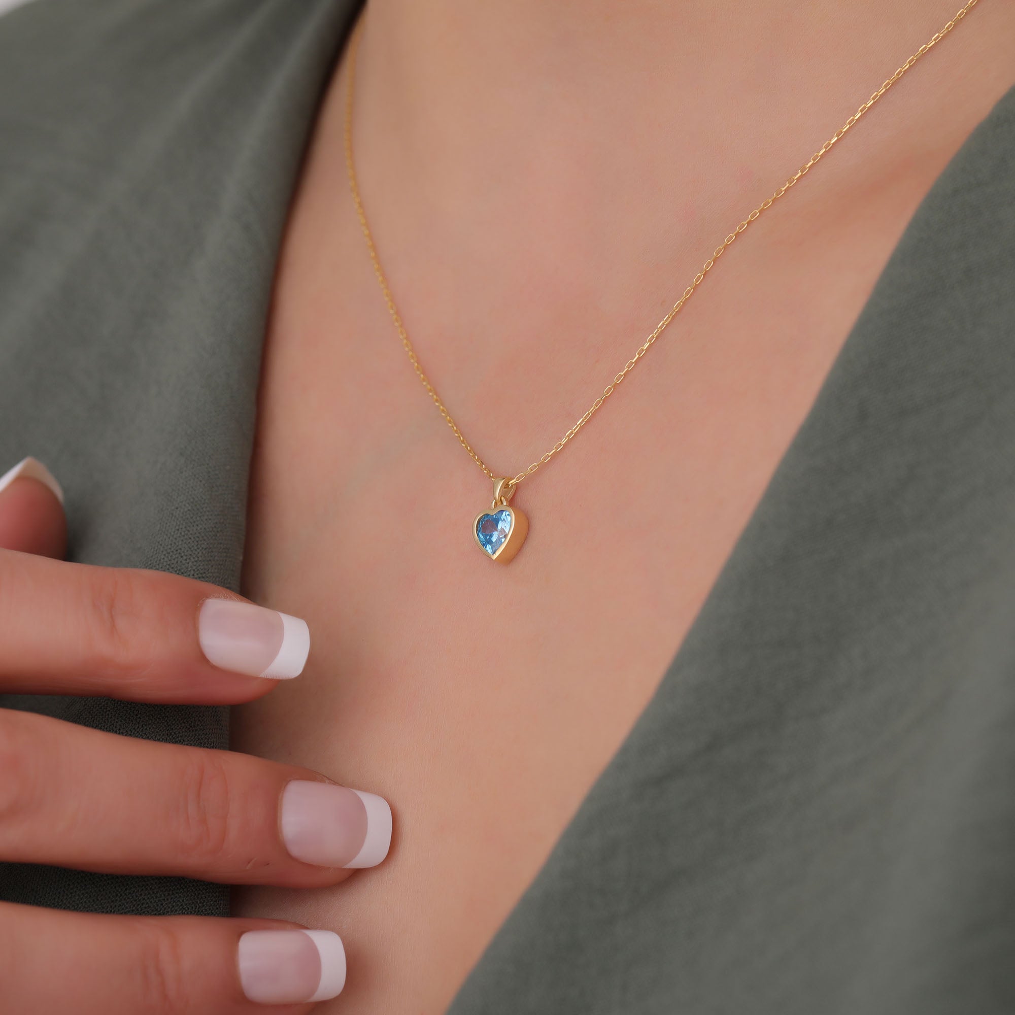 Heart Blue Topaz Bezel Necklace in 14K Solid Gold, December Birthstone Charm Pendant Queen Jewelry Necklace