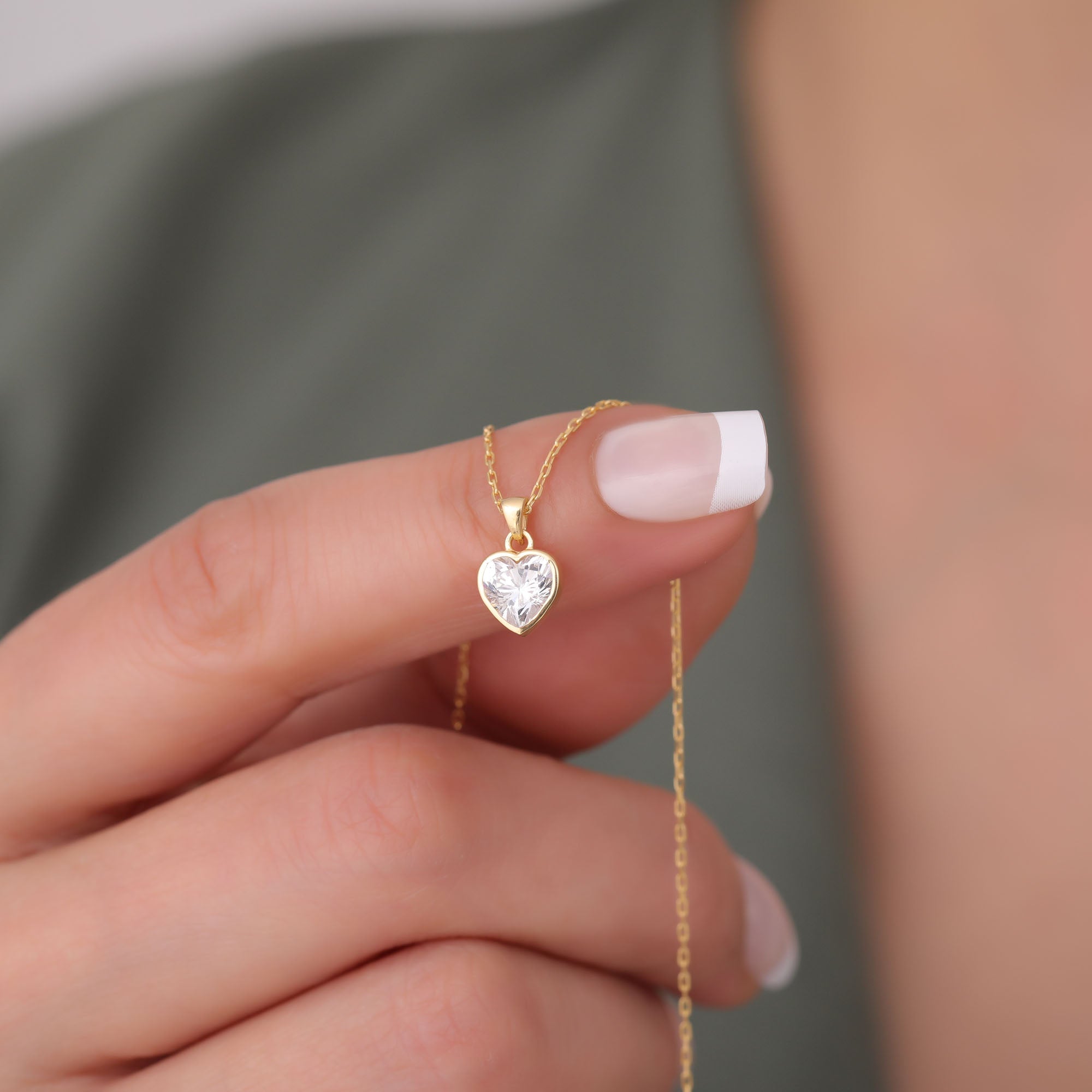 Heart White Topaz Bezel Necklace in 14K Solid Gold, April Birthstone Charm Pendant Queen Jewelry Necklace