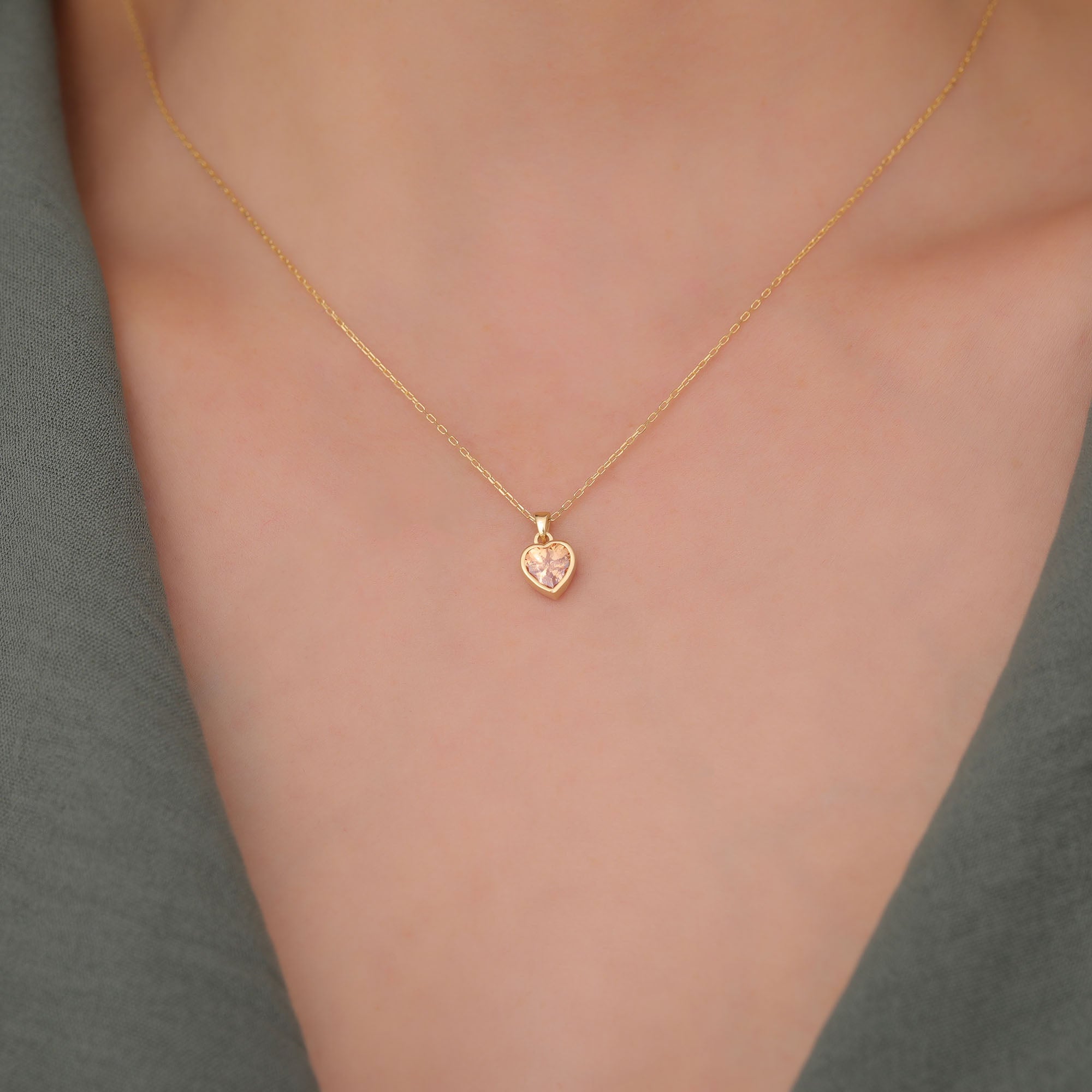 Heart Citrine Bezel Necklace in 14K Solid Gold, November Birthstone Charm Pendant Queen Jewelry Necklace