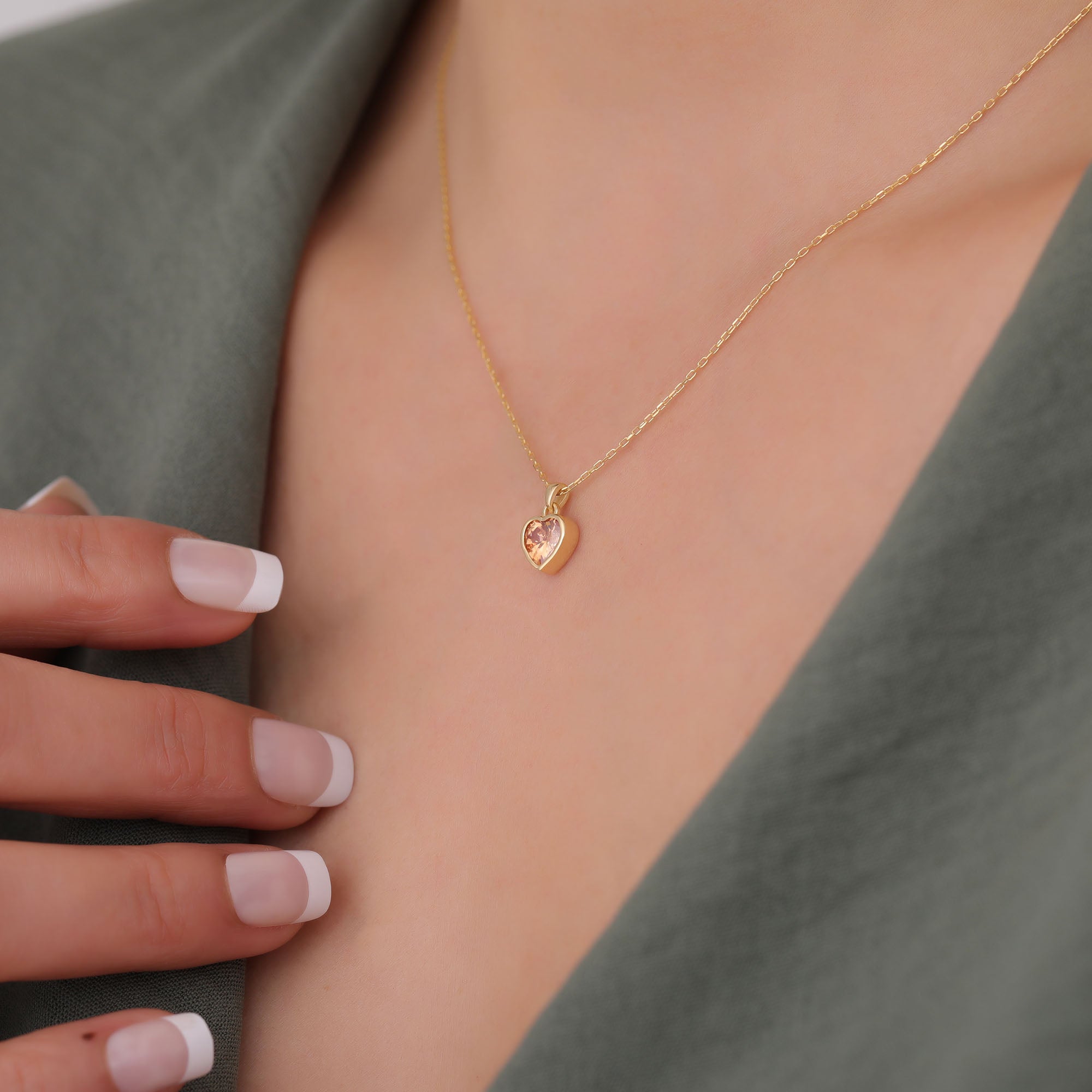 Heart Citrine Bezel Necklace in 14K Solid Gold, November Birthstone Charm Pendant Queen Jewelry Necklace