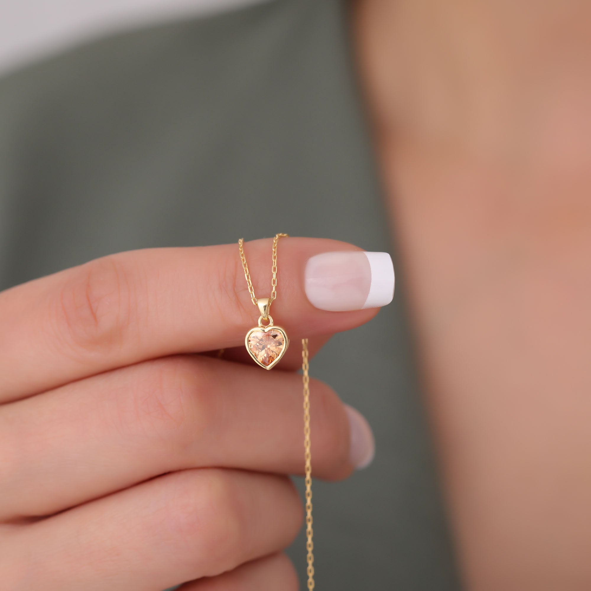 Heart Citrine Bezel Necklace in 14K Solid Gold, November Birthstone Charm Pendant Queen Jewelry Necklace