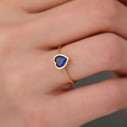 Heart Sapphire Bezel Ring in 14K Solid Gold, September Birthstone Jewelry Queen Jewelry Rings
