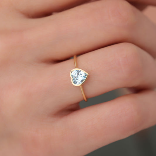 Heart Aquamarine Bezel Ring in 14K Solid Gold, March Birthstone Jewelry Queen Jewelry Rings