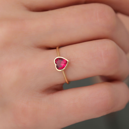 Heart Ruby Bezel Ring in 14K Solid Gold, July Birthstone Jewelry Queen Jewelry Rings