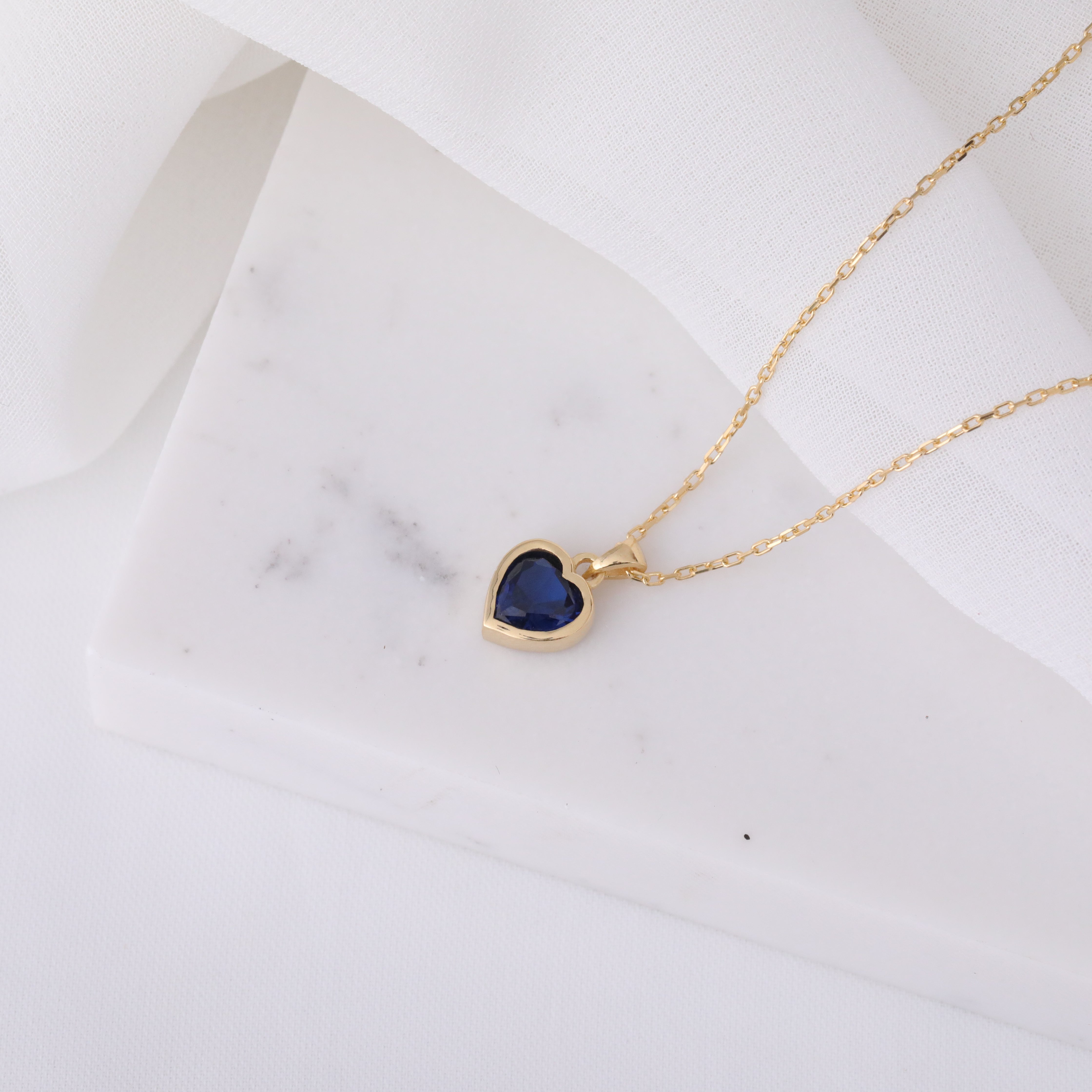 Heart Sapphire Bezel Necklace in 14K Solid Gold, September Birthstone Charm Pendant Queen Jewelry Necklace