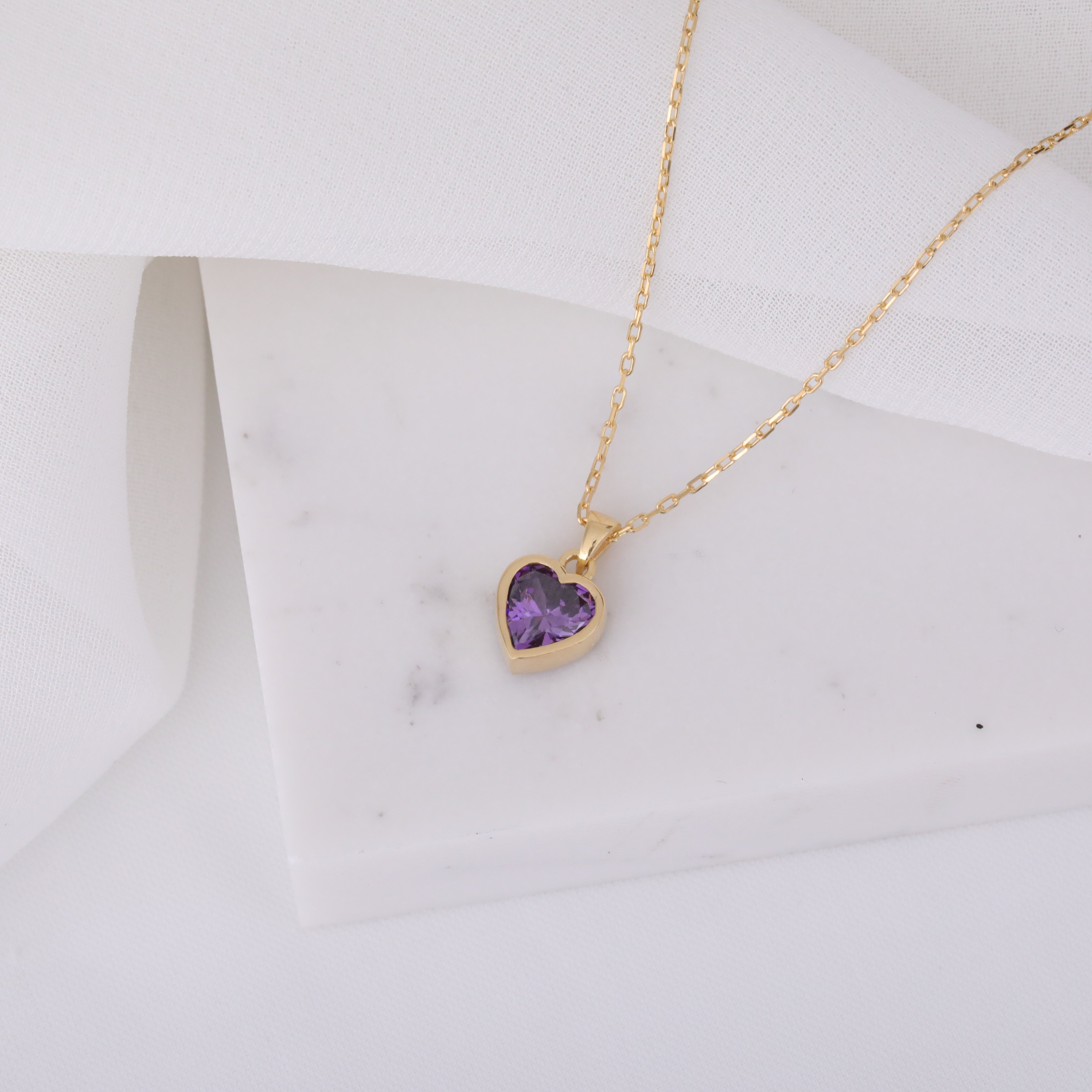 Heart Amethyst Bezel Necklace in 14K Solid Gold, February Birthstone Charm Pendant Queen Jewelry Necklace