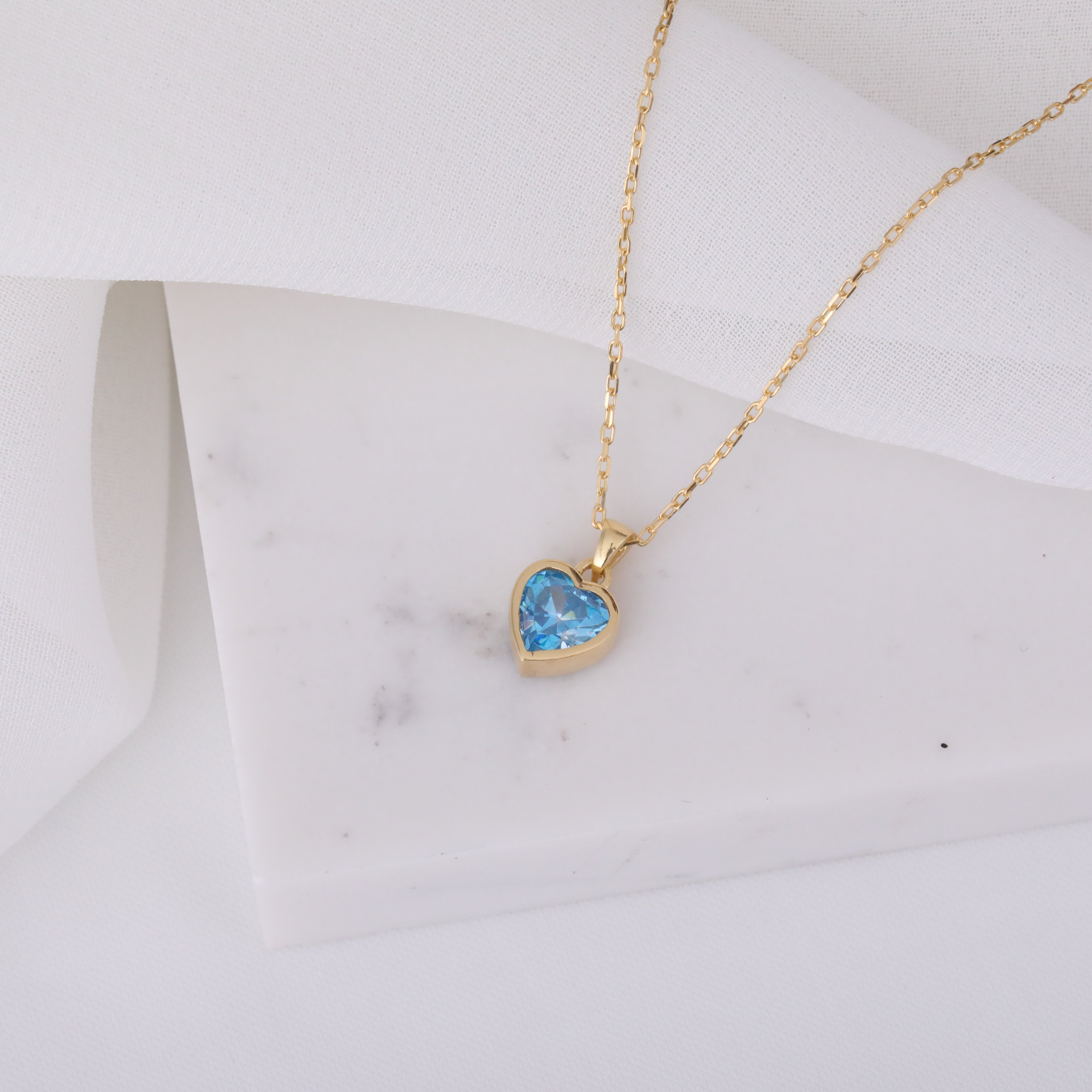 Heart Blue Topaz Bezel Necklace in 14K Solid Gold, December Birthstone Charm Pendant Queen Jewelry Necklace