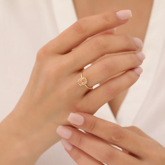 Citrine Rectangle Ring Surrounded by Real Diamonds in 14K Solid Gold, November Birthstone Jewelry Queen Jewelry Rings