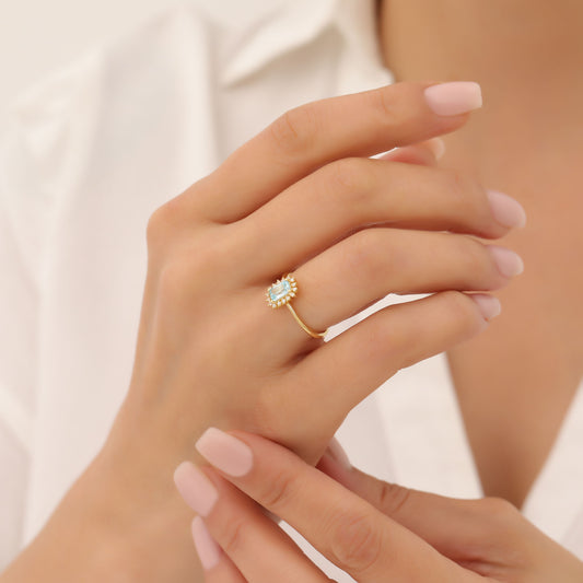 Aquamarine Rectangle Ring Surrounded by Real Diamonds in 14K Solid Gold, March Birthstone Jewelry Queen Jewelry Rings