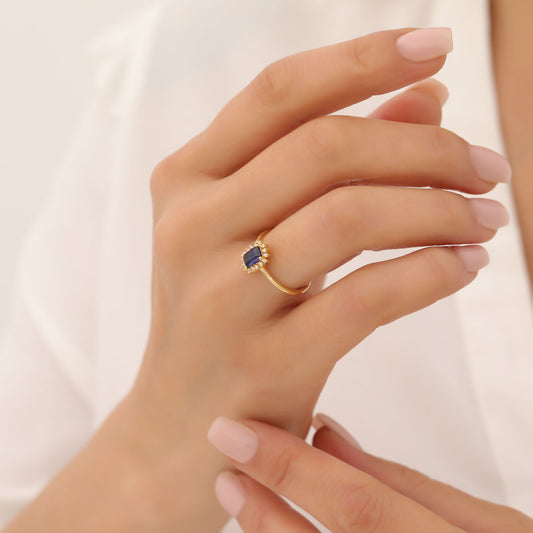 Sapphire Rectangle Ring Surrounded by Real Diamonds in 14K Solid Gold, September Birthstone Jewelry Queen Jewelry Rings