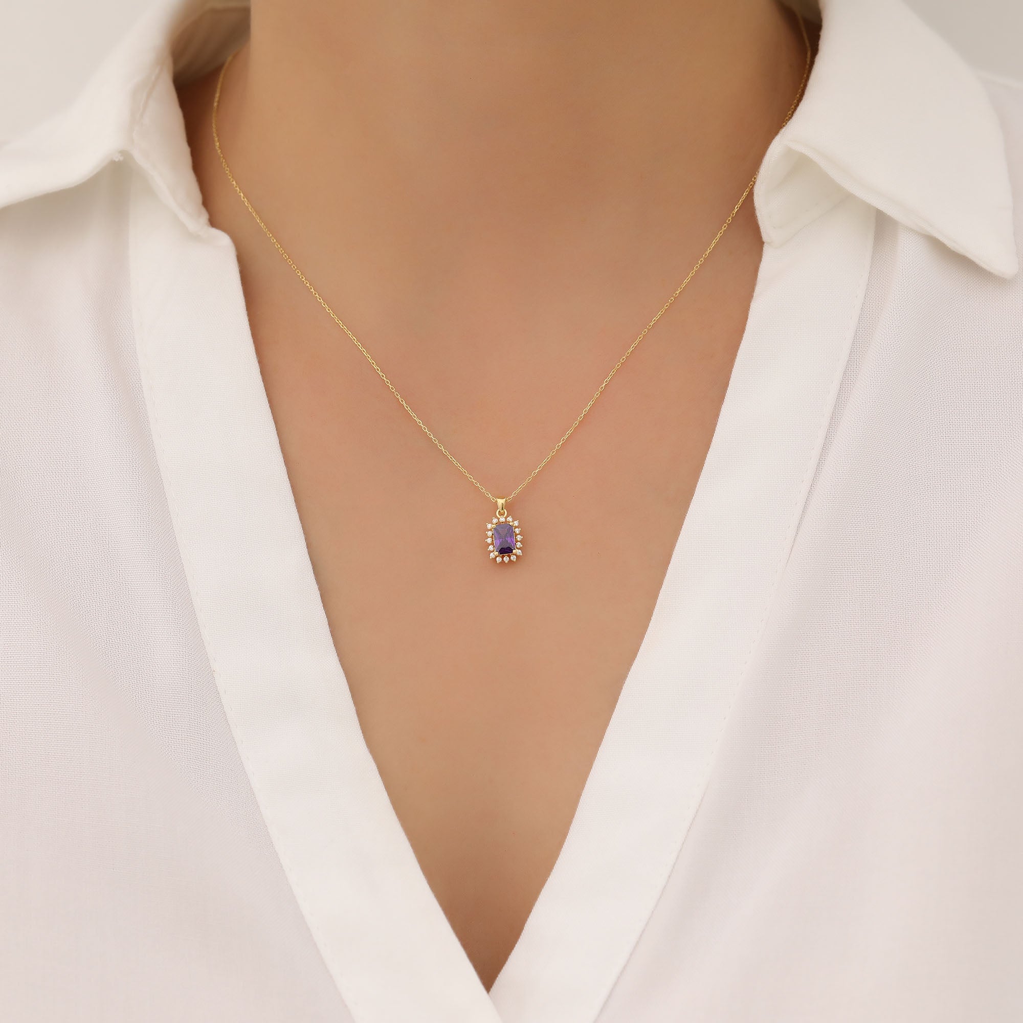 Amethyst Rectangle Necklace Surrounded by Real Diamonds in 14K Solid Gold, February Birthstone Jewelry Queen Jewelry Necklace