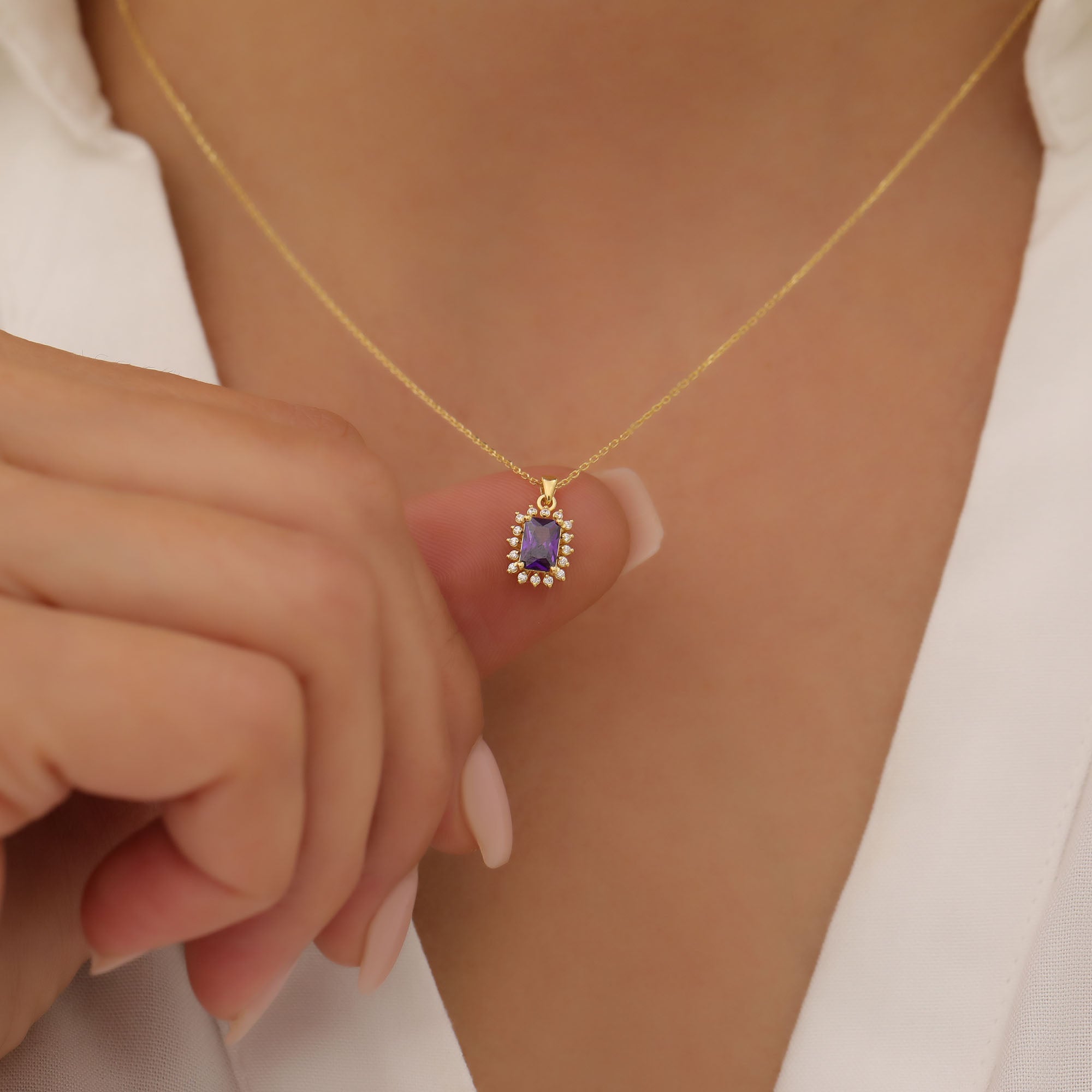 Amethyst Rectangle Necklace Surrounded by Real Diamonds in 14K Solid Gold, February Birthstone Jewelry Queen Jewelry Necklace