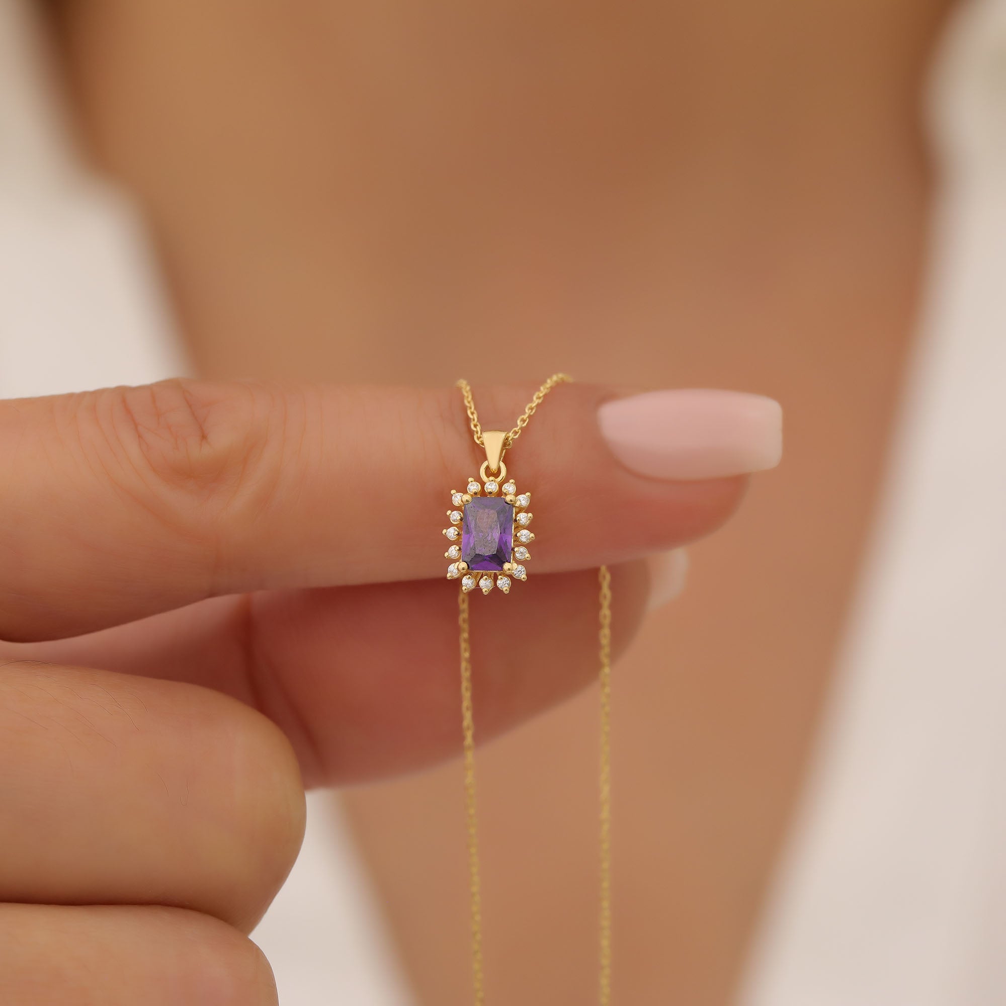 Amethyst Rectangle Necklace Surrounded by Real Diamonds in 14K Solid Gold, February Birthstone Jewelry Queen Jewelry Necklace