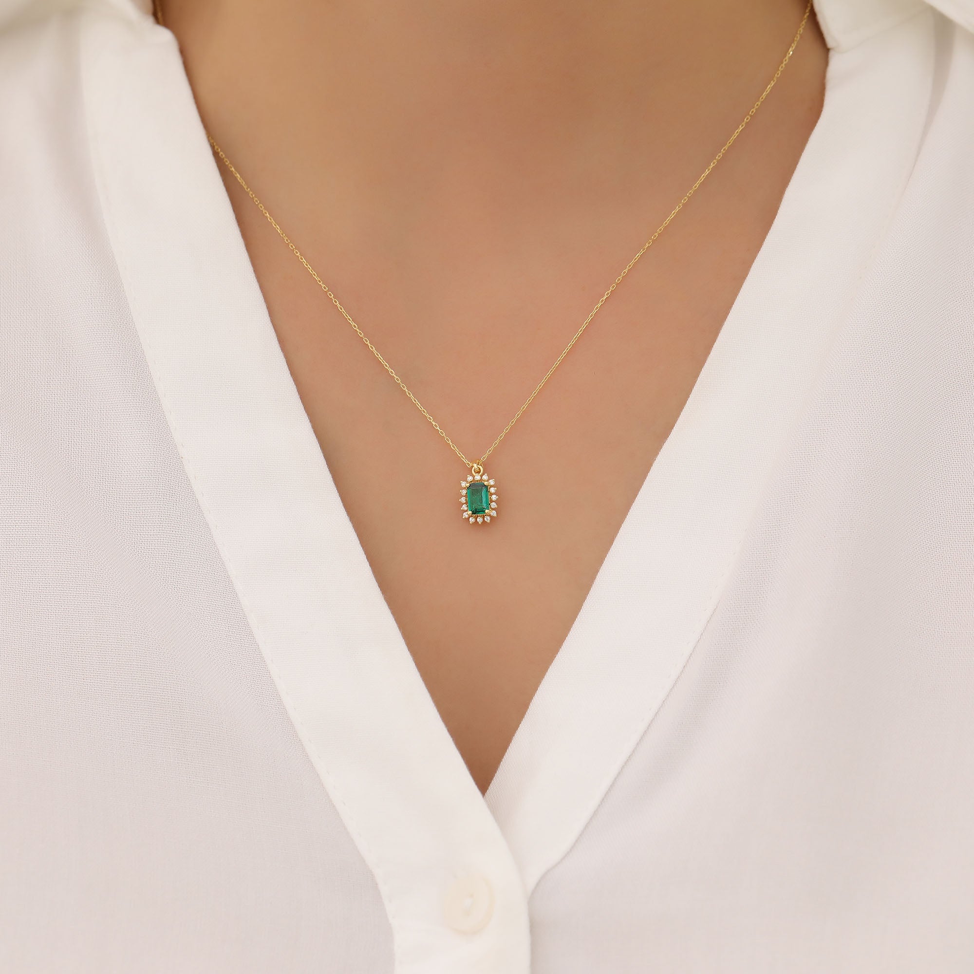 Emerald Rectangle Necklace Surrounded by Real Diamonds in 14K Solid Gold, May Birthstone Jewelry Queen Jewelry Necklace