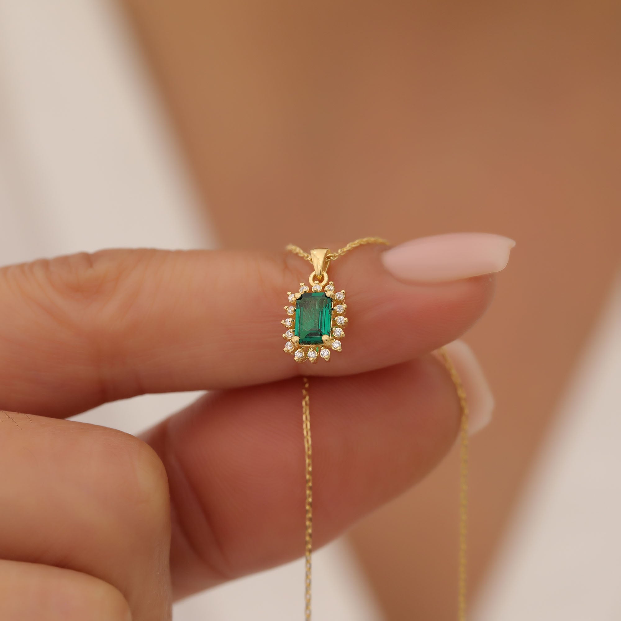 Emerald Rectangle Necklace Surrounded by Real Diamonds in 14K Solid Gold, May Birthstone Jewelry Queen Jewelry Necklace