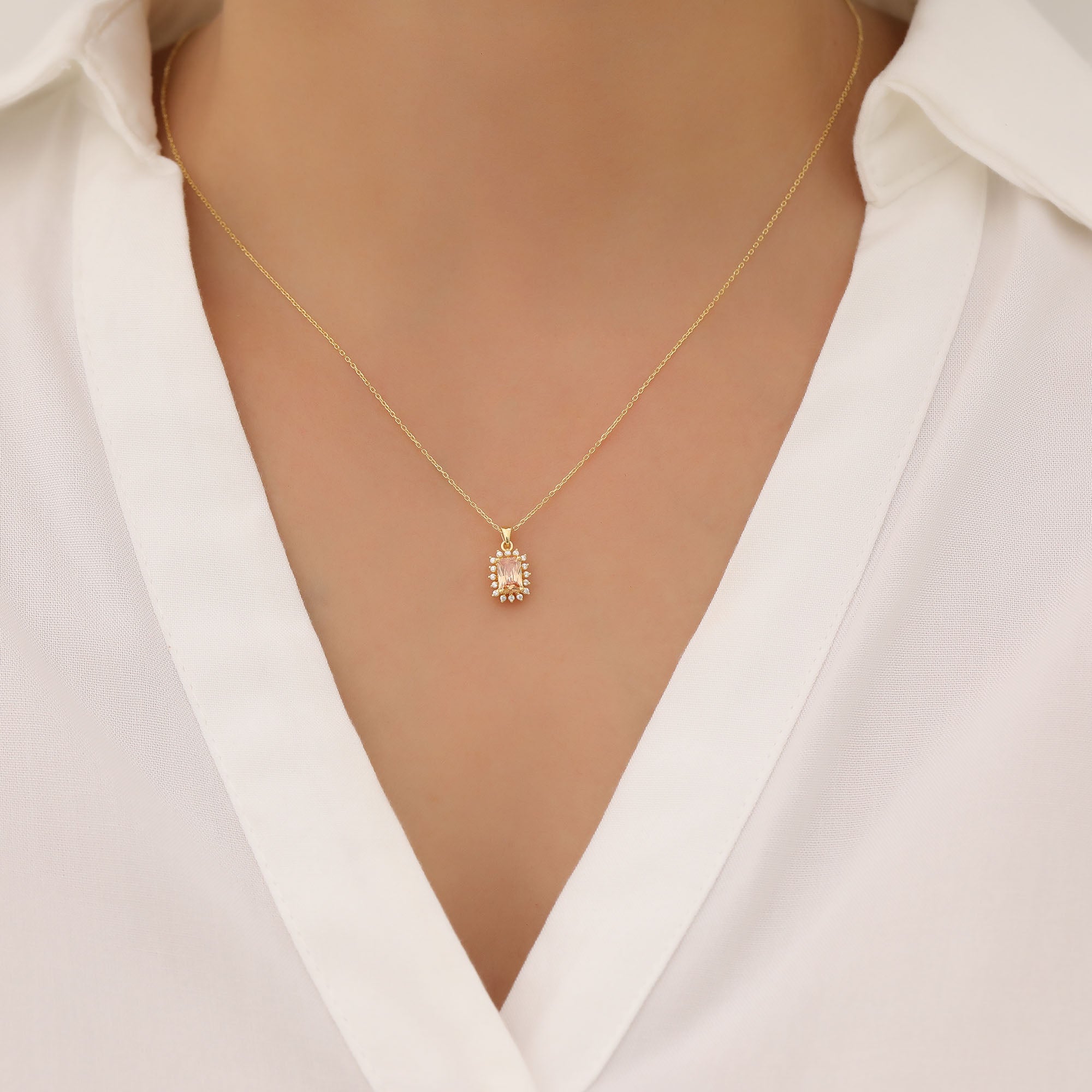 Citrine Rectangle Necklace Surrounded by Real Diamonds in 14K Solid Gold, November Birthstone Jewelry Queen Jewelry Necklace
