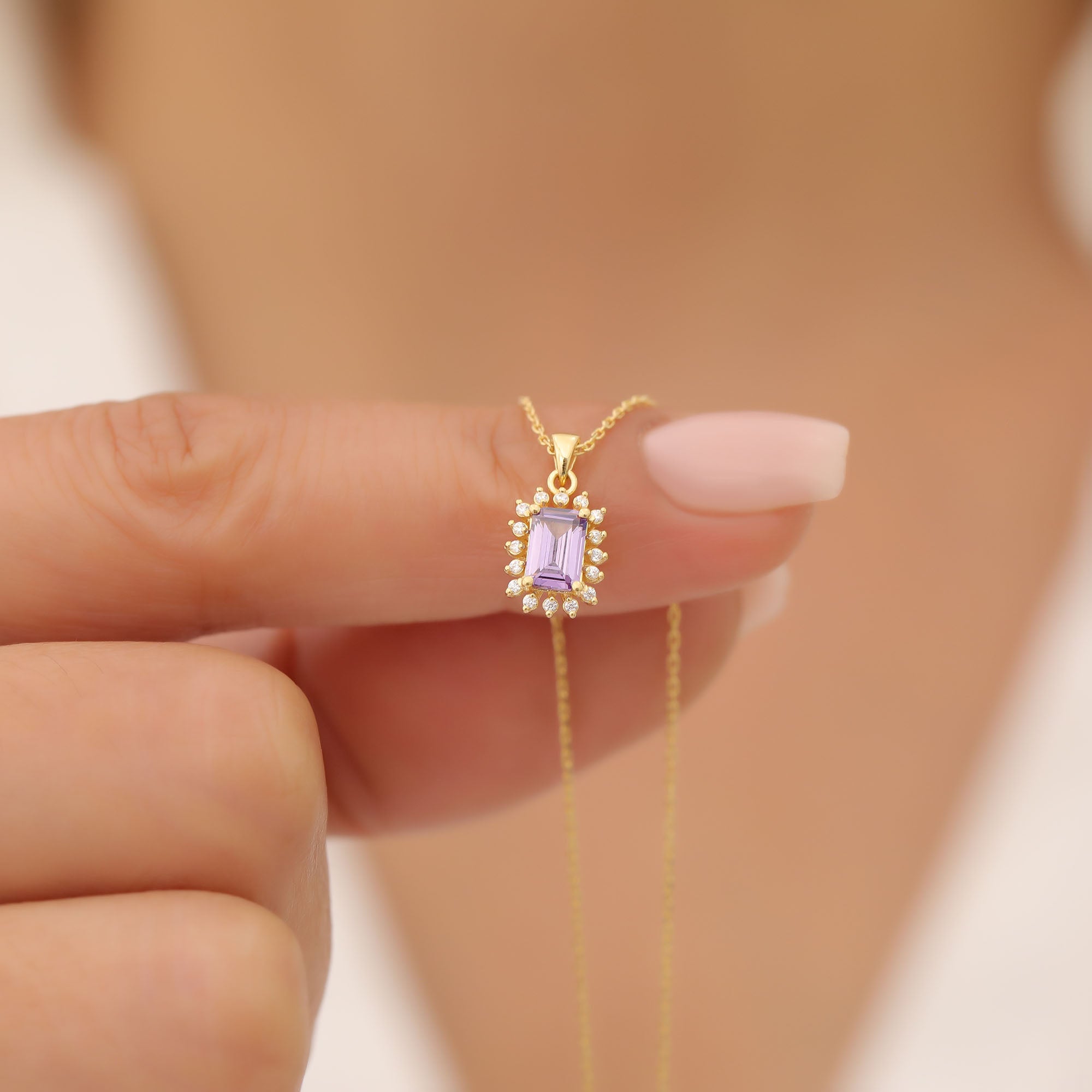 Alexandrite Rectangle Necklace Surrounded by Real Diamonds in 14K Solid Gold, June Birthstone Jewelry Queen Jewelry Necklace