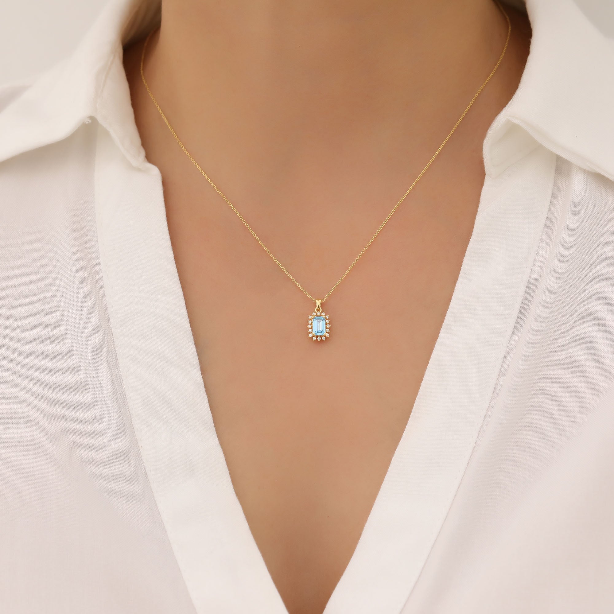 Blue Topaz Rectangle Necklace Surrounded by Real Diamonds in 14K Solid Gold, December Birthstone Jewelry Queen Jewelry Necklace