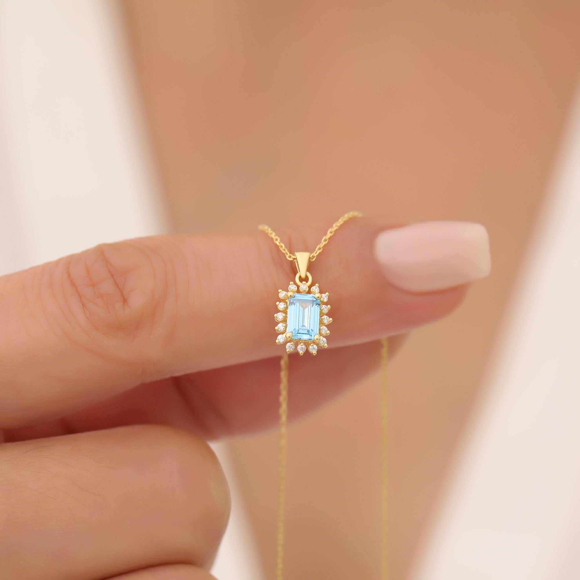 Blue Topaz Rectangle Necklace Surrounded by Real Diamonds in 14K Solid Gold, December Birthstone Jewelry Queen Jewelry Necklace