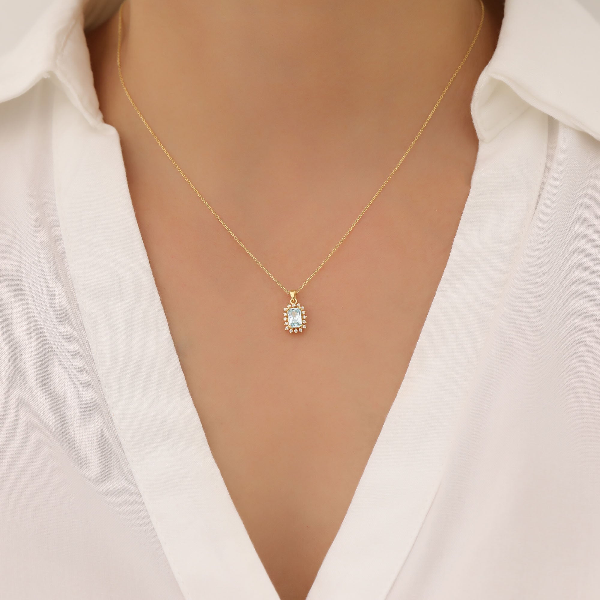 Aquamarine Rectangle Necklace Surrounded by Real Diamonds in 14K Solid Gold, March Birthstone Jewelry Queen Jewelry Necklace