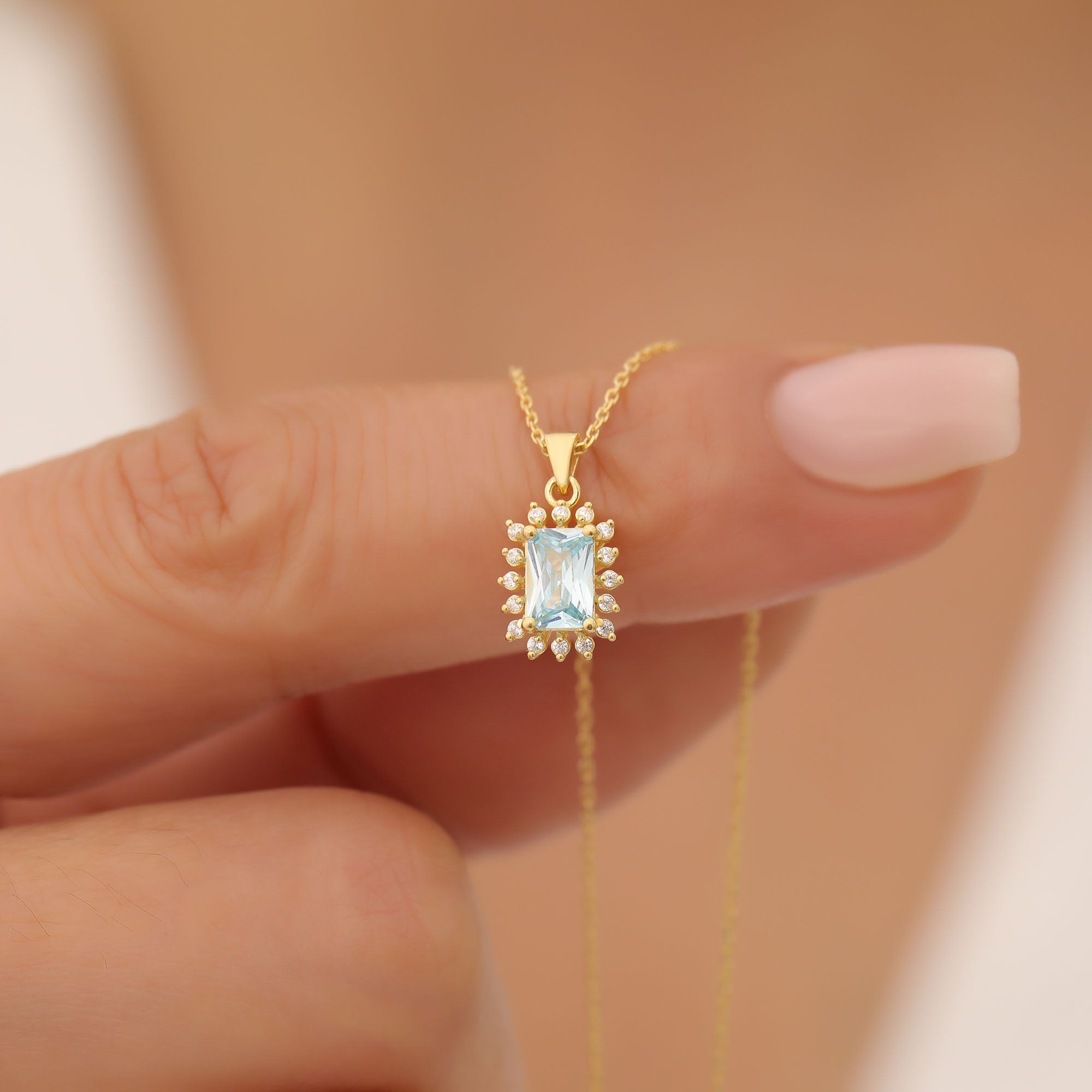 Aquamarine Rectangle Necklace Surrounded by Real Diamonds in 14K Solid Gold, March Birthstone Jewelry Queen Jewelry Necklace