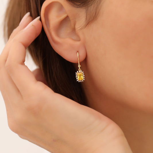 Yellow Topaz Rectangle Halo Dangling Earrings surrounded by Real Diamonds in 14K Solid Gold, Birthstone Jewelry Queen Jewelry Earrings