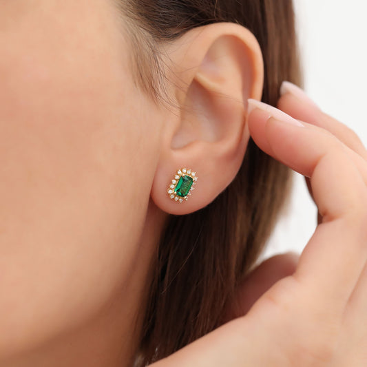 Emerald Rectangle Halo Stud Earrings surrounded by Real Diamonds in 10K/14K Solid Gold, May Birthstone Jewelry