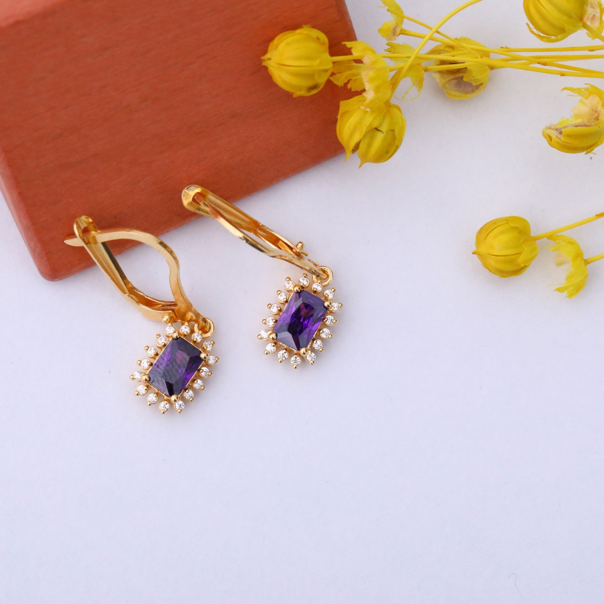Amethyst Rectangle Halo Dangling Earrings surrounded by Real Diamonds in 14K Solid Gold, February Birthstone Jewelry Queen Jewelry Earrings