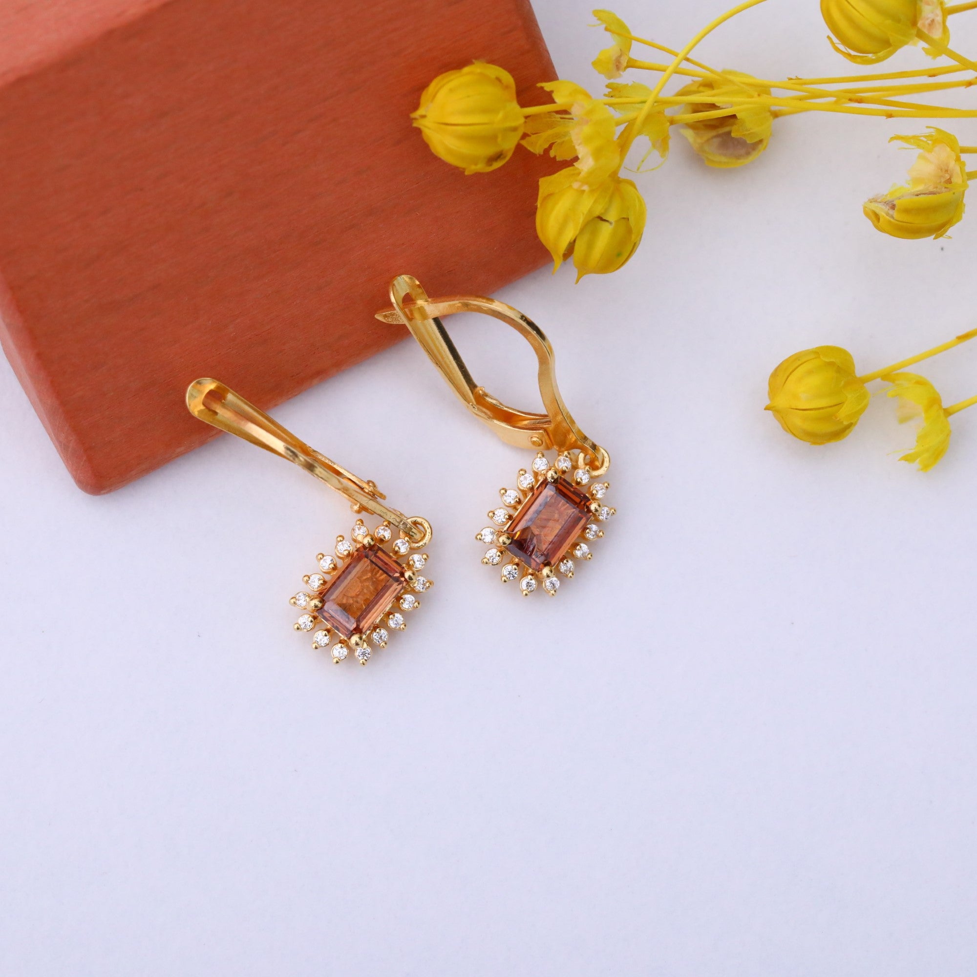 Smoky Quartz Rectangle Halo Dangling Earrings surrounded by Real Diamonds in 14K Solid Gold, Birthstone Jewelry Queen Jewelry Earrings