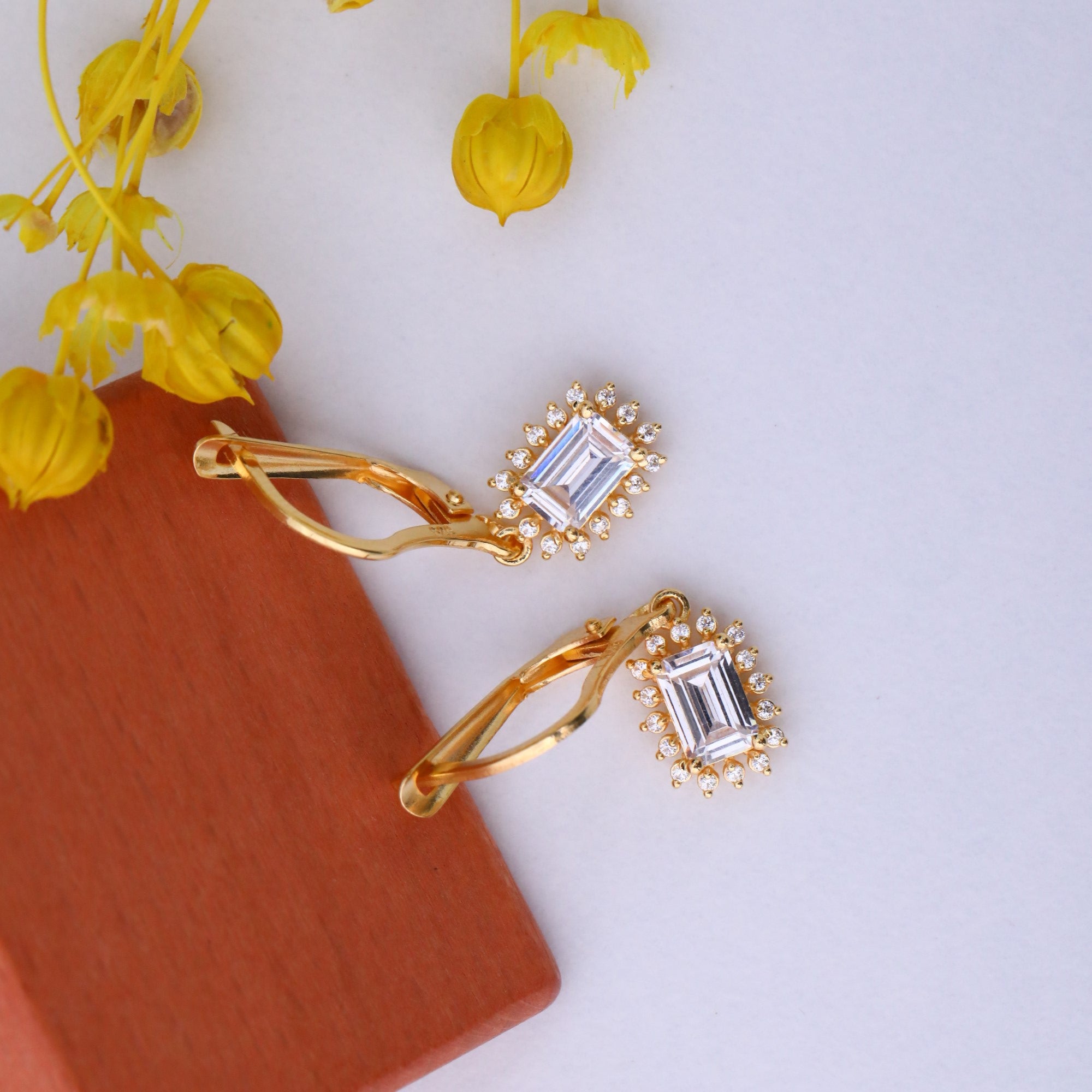 White Topaz Rectangle Halo Dangling Earrings surrounded by Real Diamonds in 14K Solid Gold, April Birthstone Jewelry Queen Jewelry Earrings