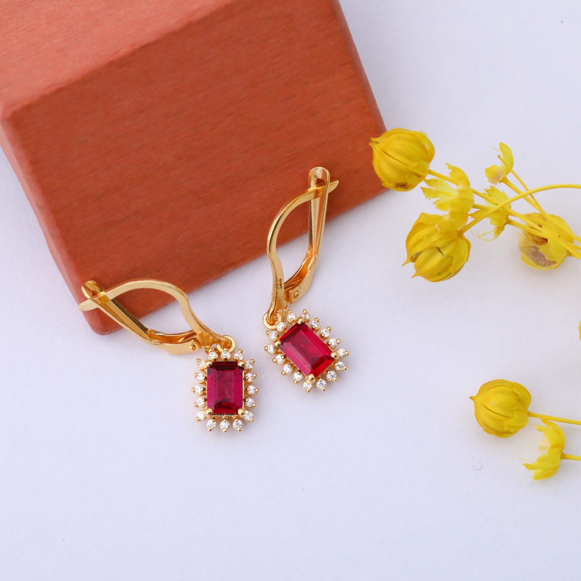 Ruby Rectangle Halo Dangling Earrings surrounded by Real Diamonds in 14K Solid Gold, July Birthstone Jewelry Queen Jewelry Earrings