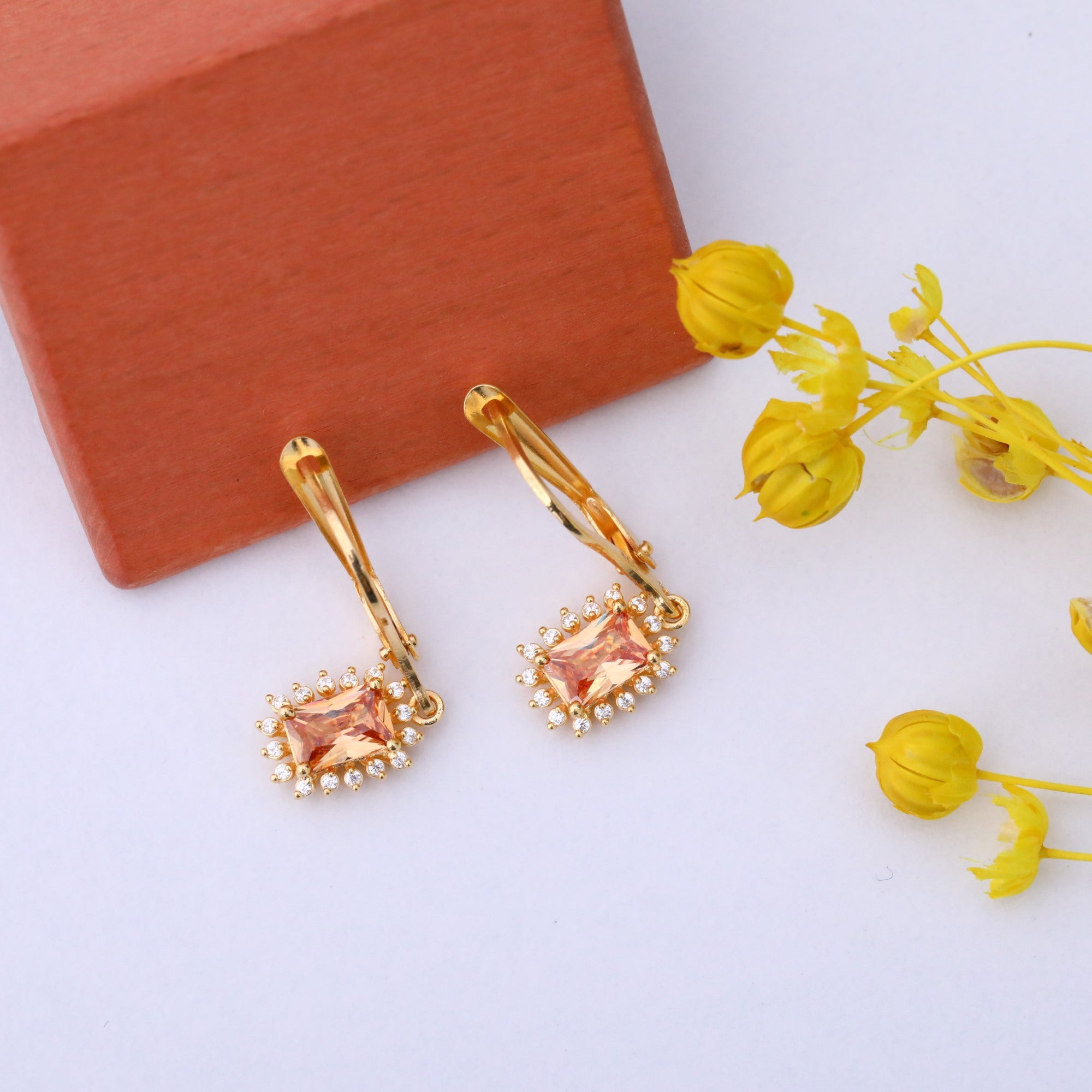 Citrine Rectangle Halo Dangling Earrings surrounded by Real Diamonds in 14K Solid Gold, November Birthstone Jewelry Queen Jewelry Earrings