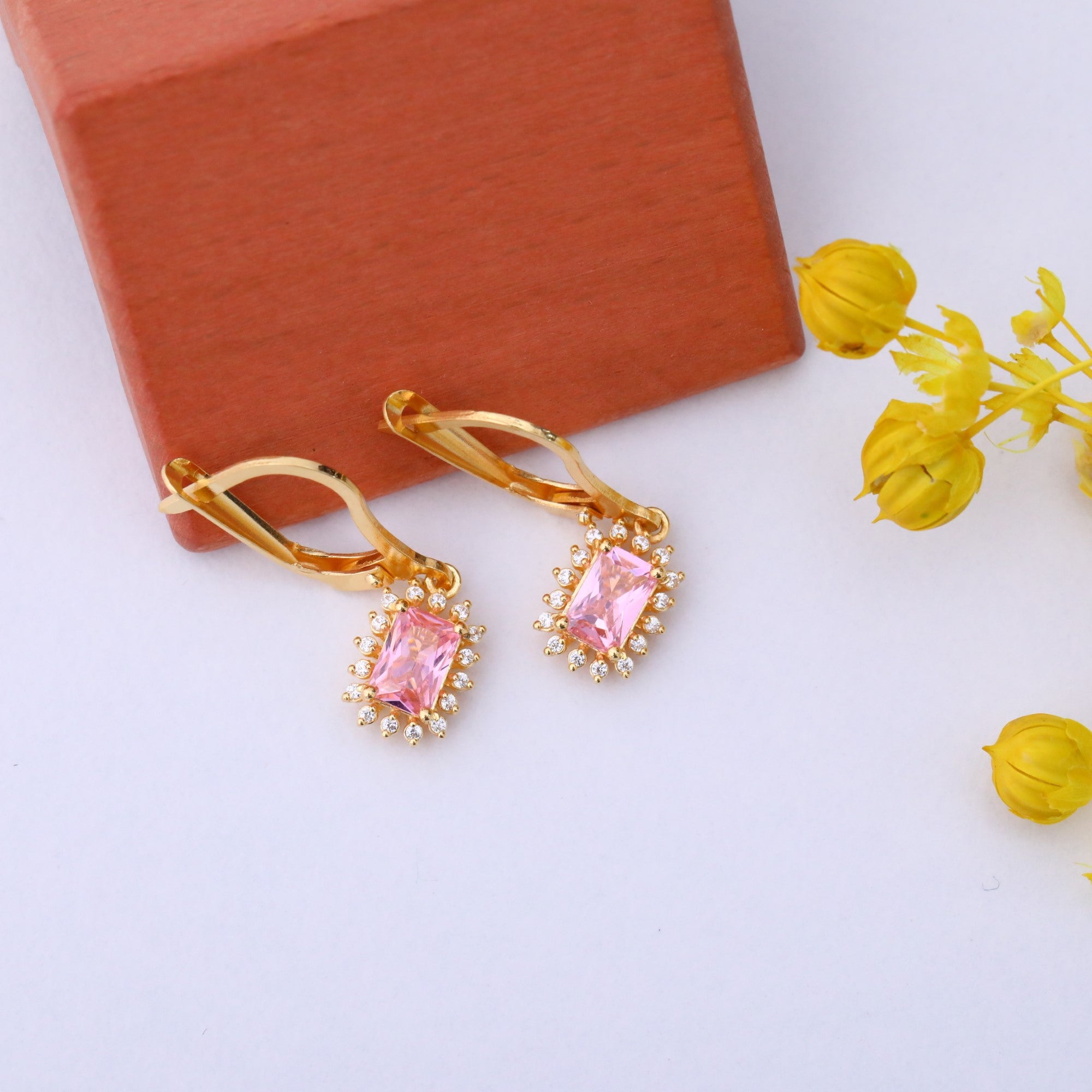 Pink Tourmaline Rectangle Halo Dangling Earrings surrounded by Real Diamonds in 14K Solid Gold, October Birthstone Jewelry Queen Jewelry Earrings
