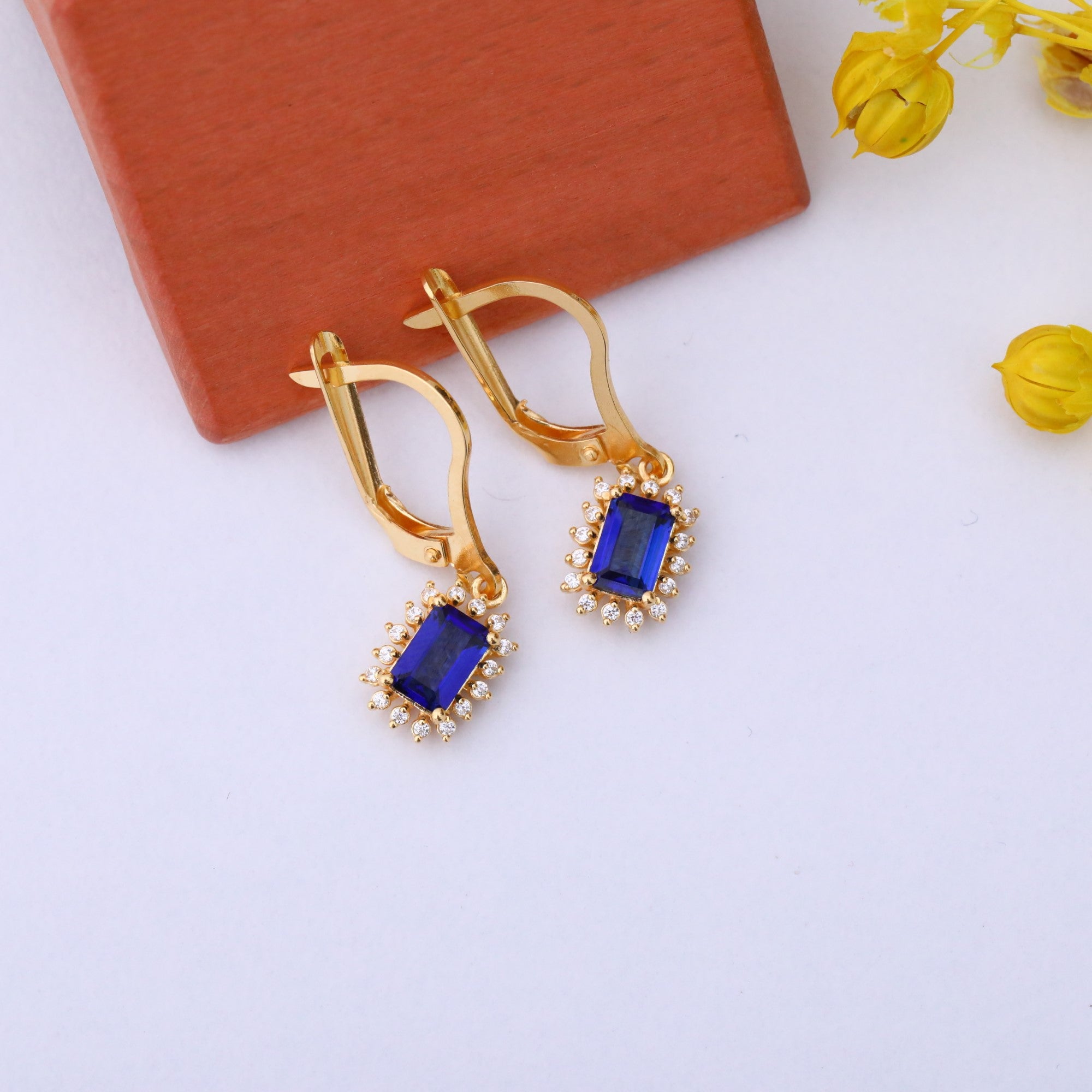 Sapphire Rectangle Halo Dangling Earrings surrounded by Real Diamonds in 14K Solid Gold, September Birthstone Jewelry Queen Jewelry Earrings