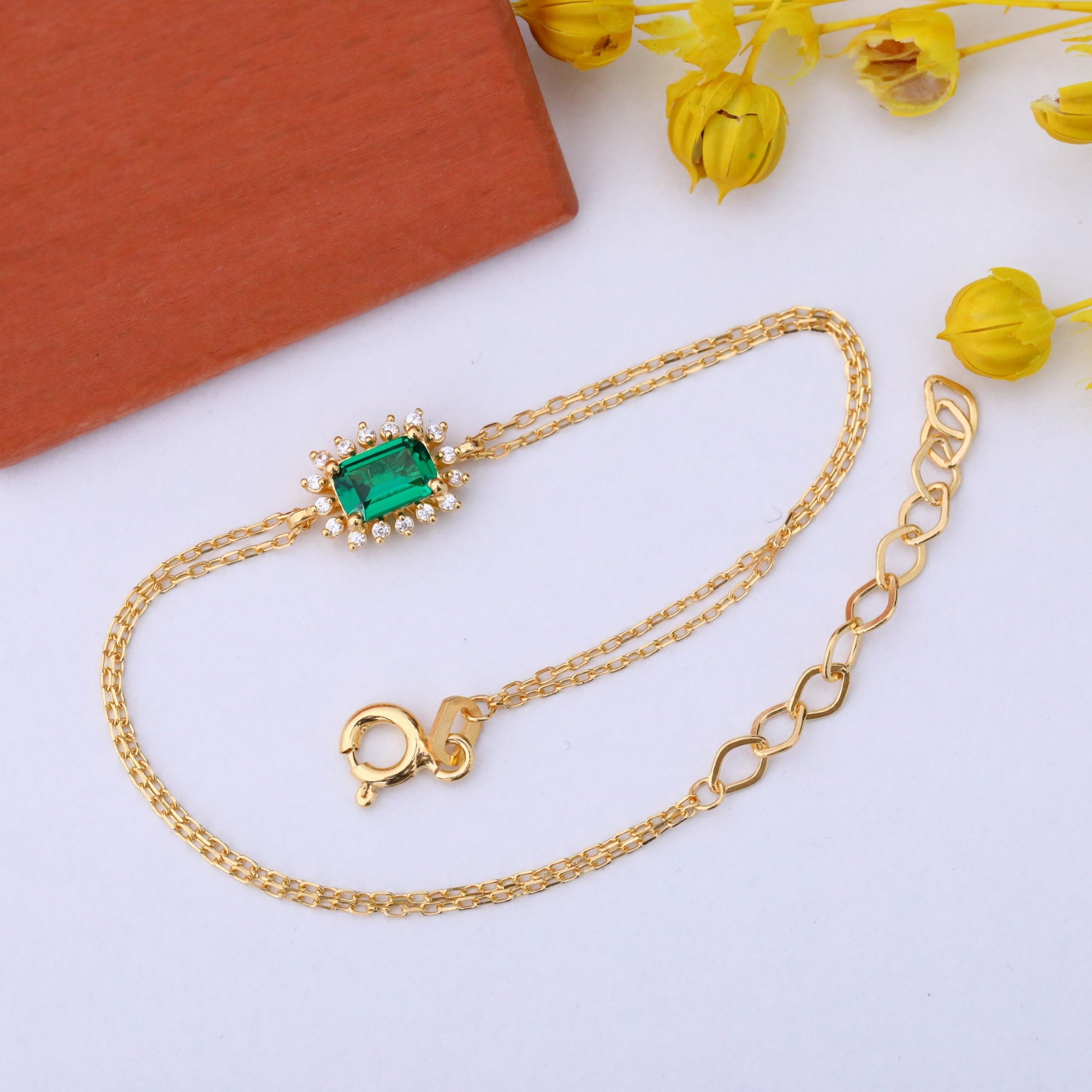 Emerald Rectangle Bracelet surrounded by Real Diamonds in 14K Solid Gold, May Birthstone Jewelry Queen Jewelry Bracelet
