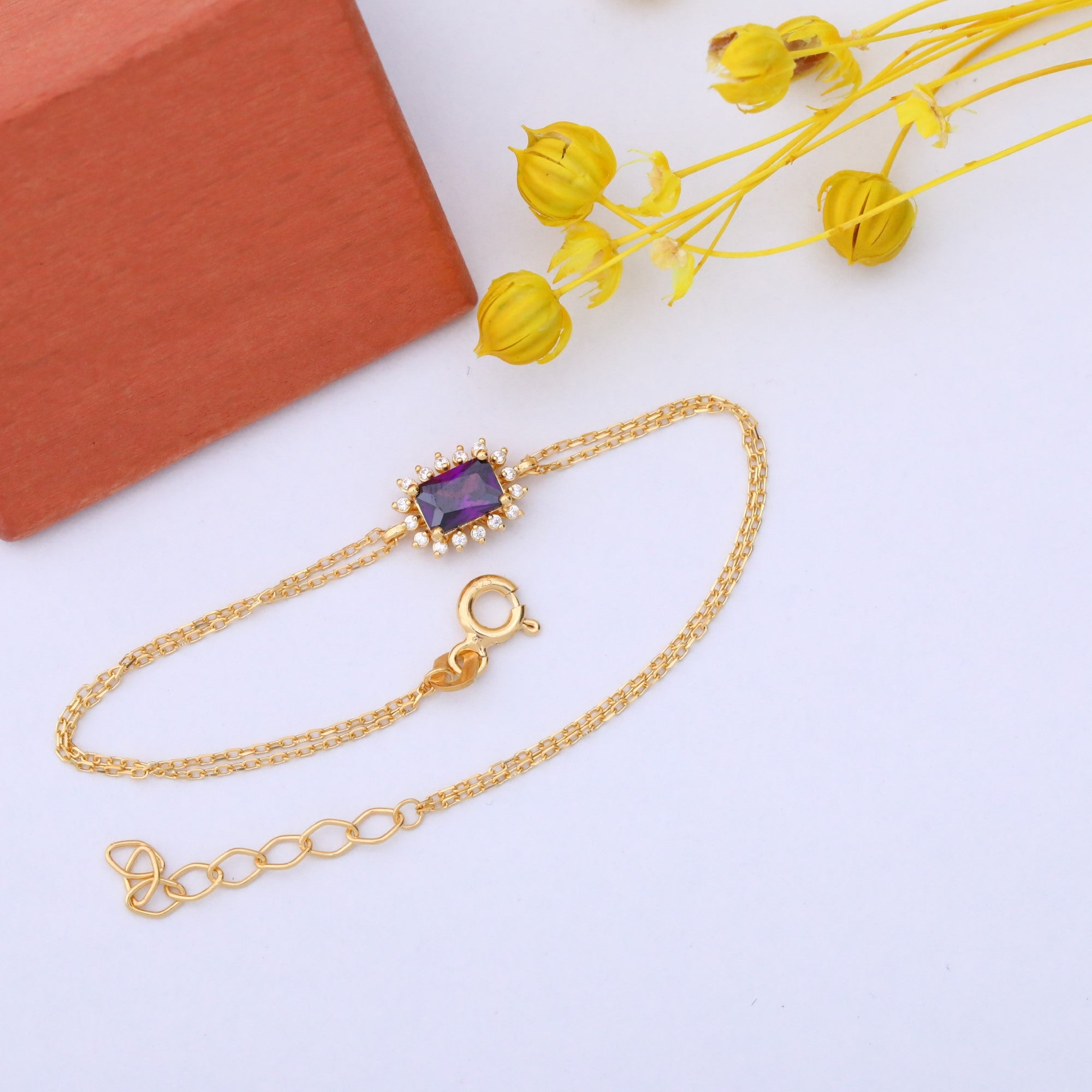 Amethyst Rectangle Bracelet surrounded by Real Diamonds in 14K Solid Gold, February Birthstone Jewelry Queen Jewelry Bracelet
