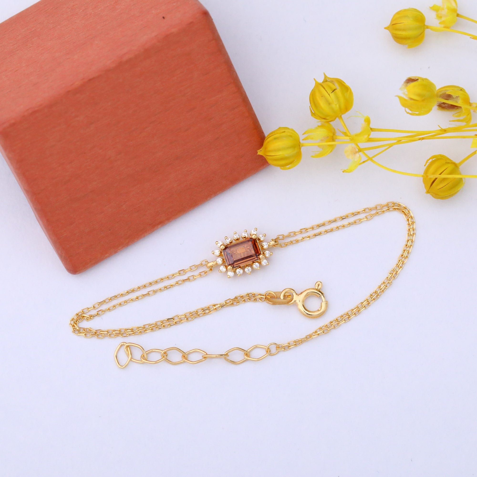 Smoky Quartz Rectangle Bracelet surrounded by Real Diamonds in 14K Solid Gold, Birthstone Jewelry Queen Jewelry Bracelet